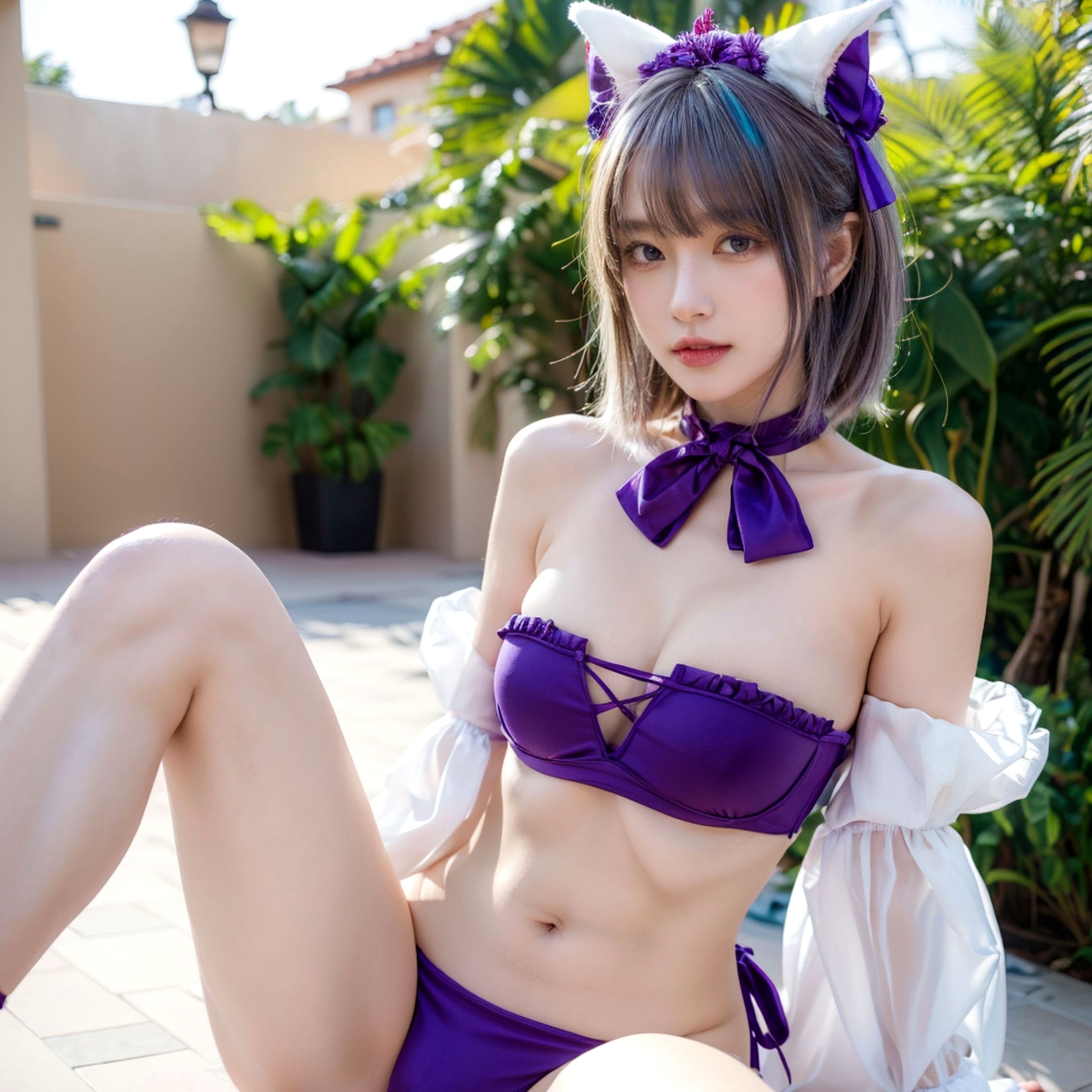 AI美女-拟实-紫色比基尼兽耳泳池场景 户外角色扮演性感写真