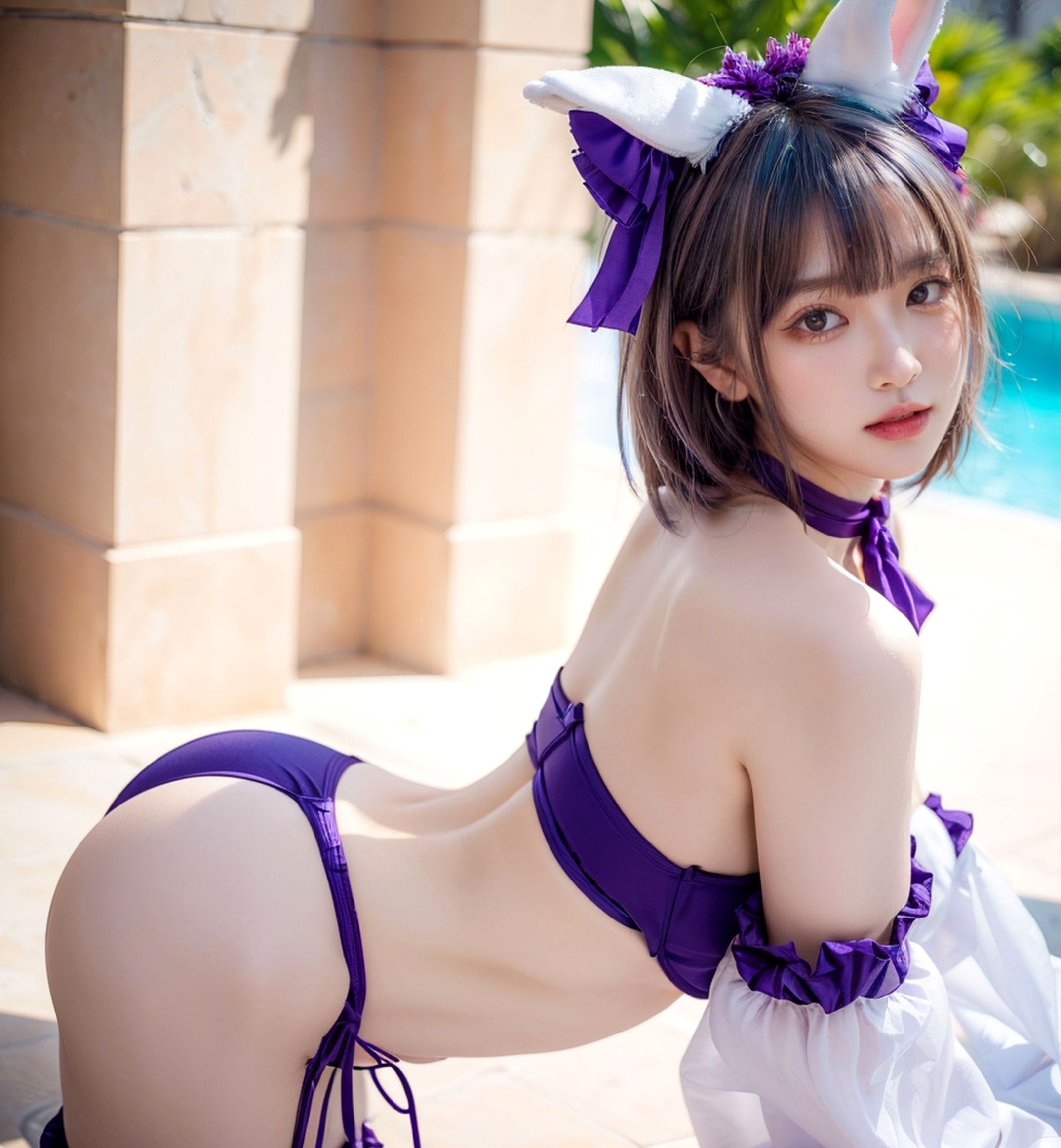 AI美女-拟实-紫色比基尼兽耳泳池场景 户外角色扮演性感写真