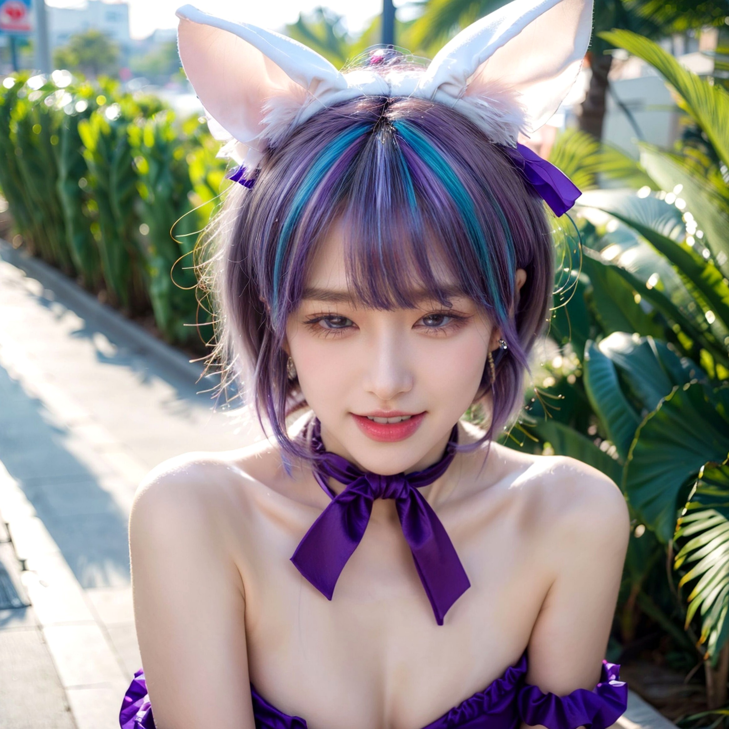 AI美女-拟实-紫色比基尼兽耳泳池场景 户外角色扮演性感写真