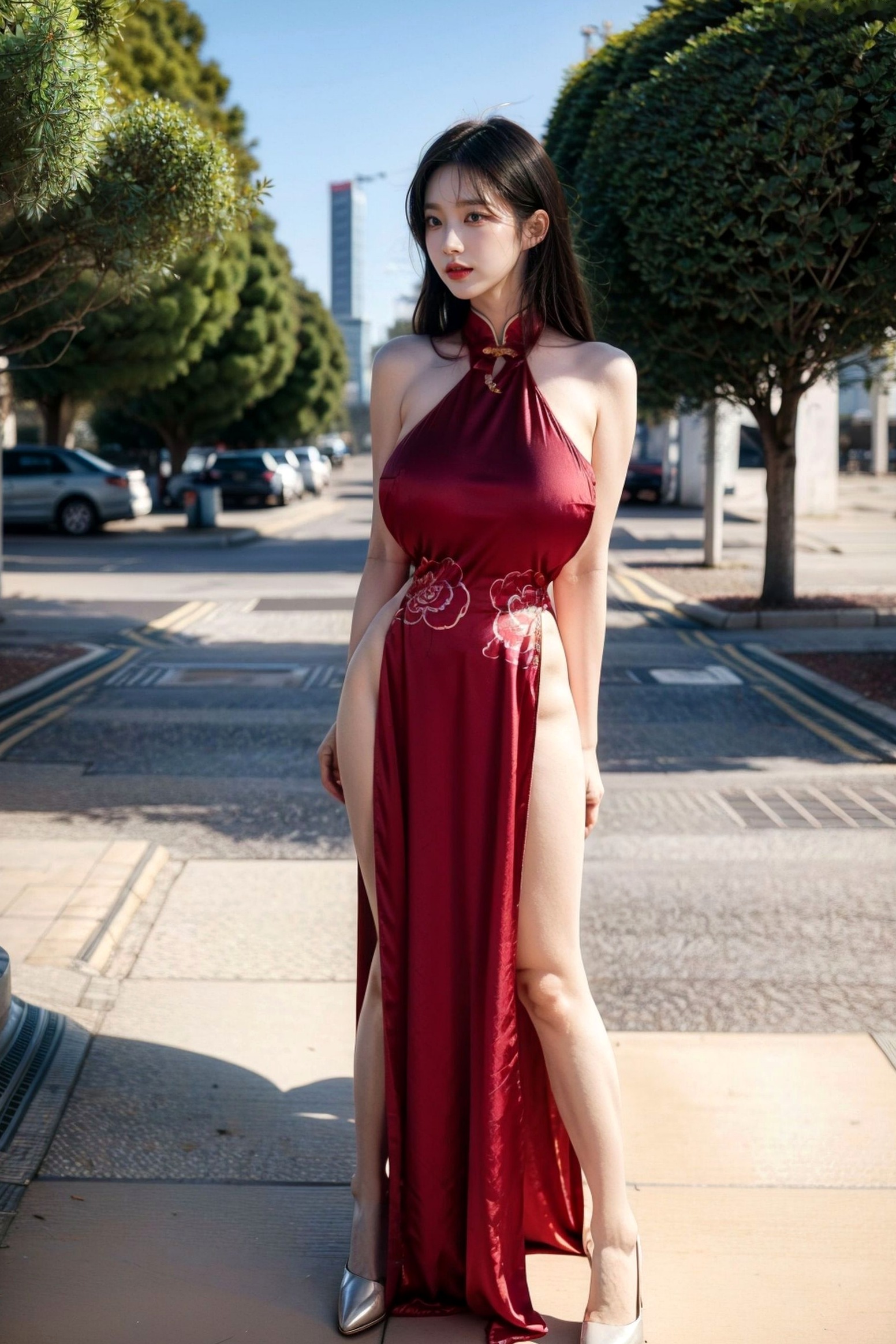 AI美女-拟实-情趣古风露背旗袍-红色长发版 户外街拍高开衩性感美臀大尺度诱惑写真