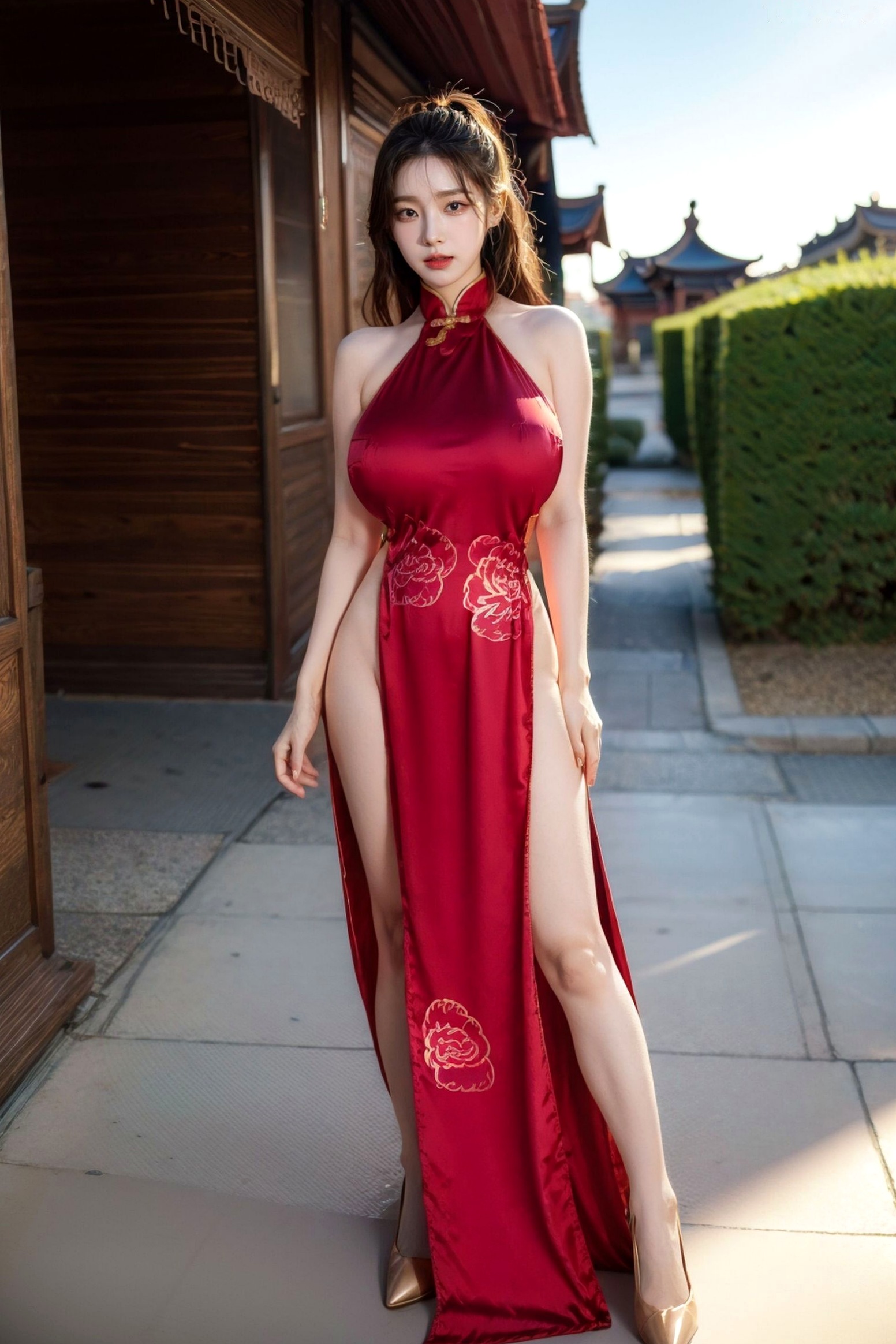 AI美女-拟实-情趣古风露背旗袍-红色长发版 户外街拍高开衩性感美臀大尺度诱惑写真