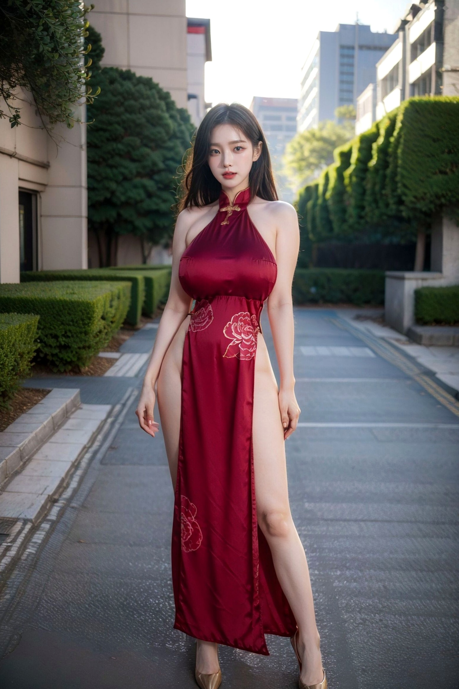 AI美女-拟实-情趣古风露背旗袍-红色长发版 户外街拍高开衩性感美臀大尺度诱惑写真