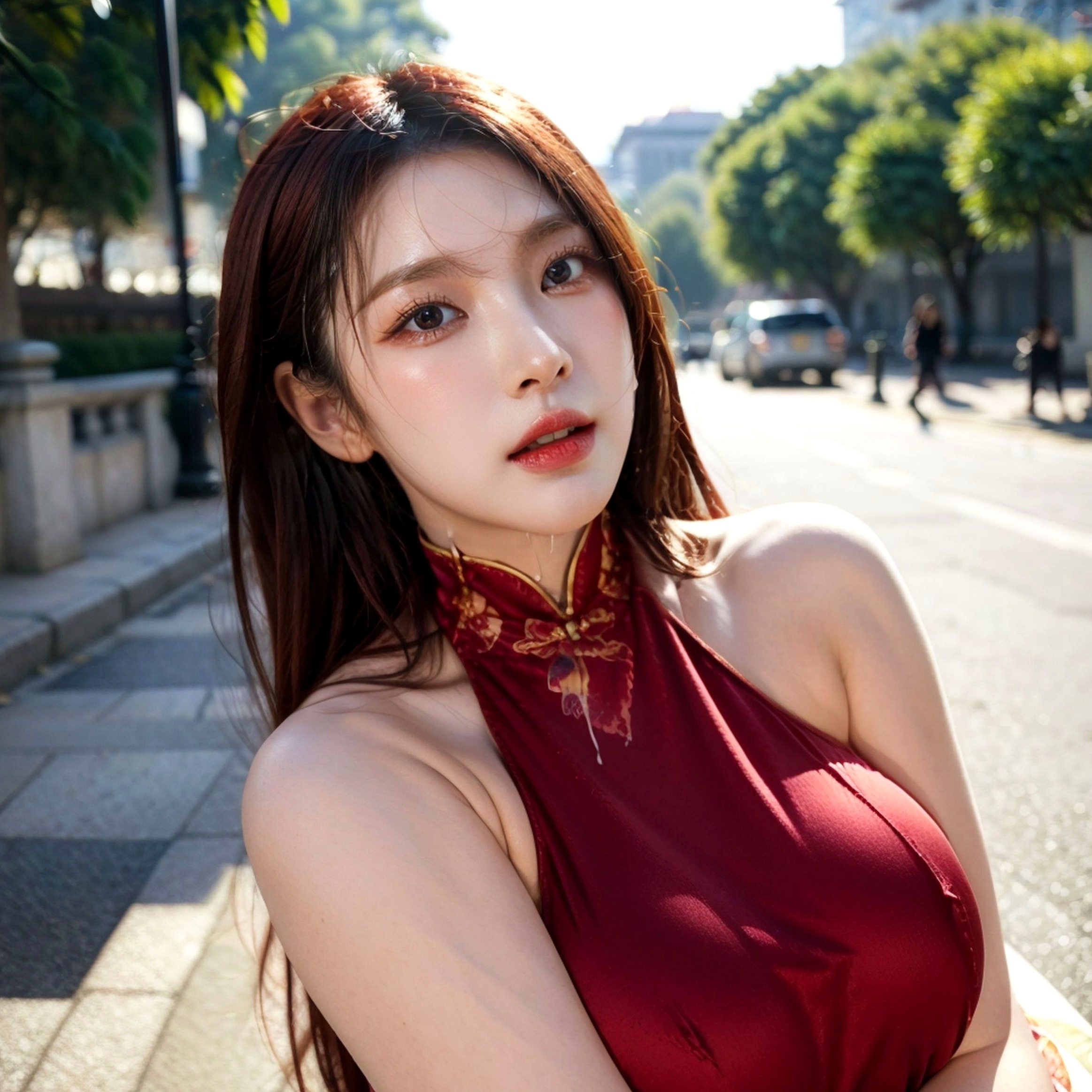 AI美女-拟实-情趣古风露背旗袍-红色长发版 户外街拍高开衩性感美臀大尺度诱惑写真