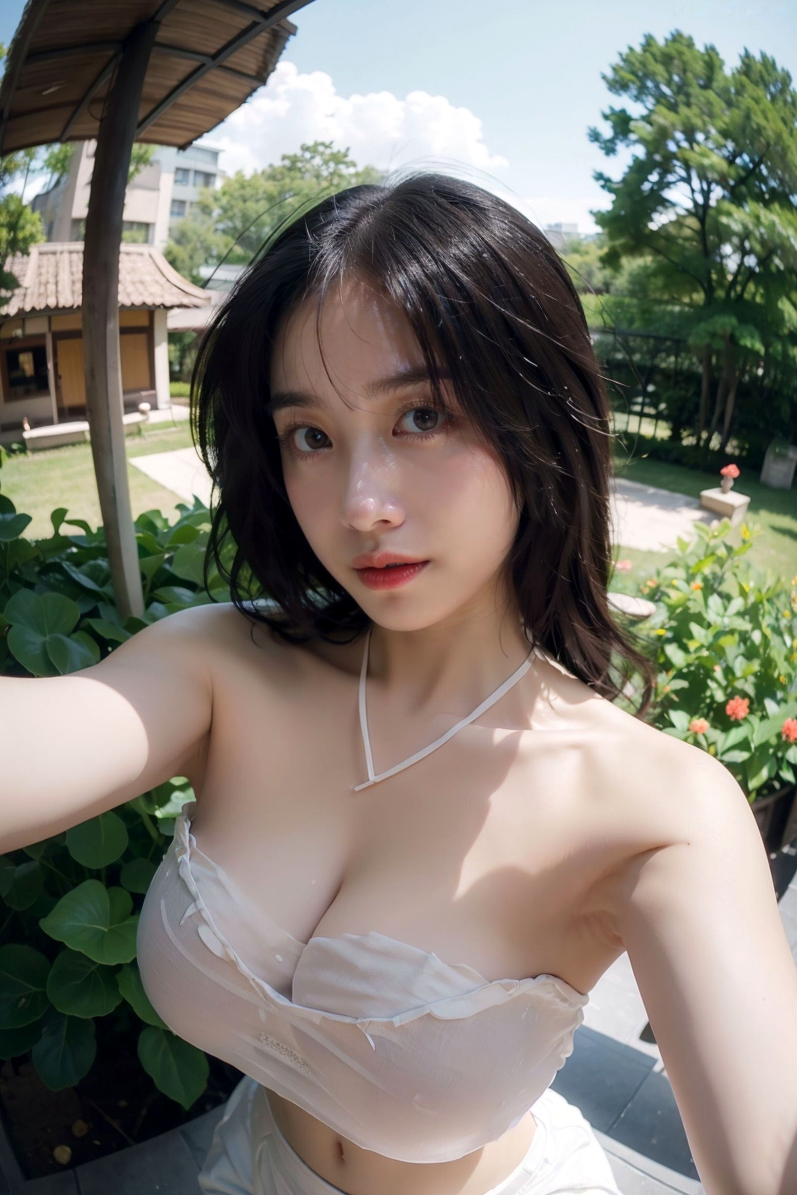 AI美女-拟实-乳白色肚兜户外庭院阳光写真 极品身材清纯性感诱惑