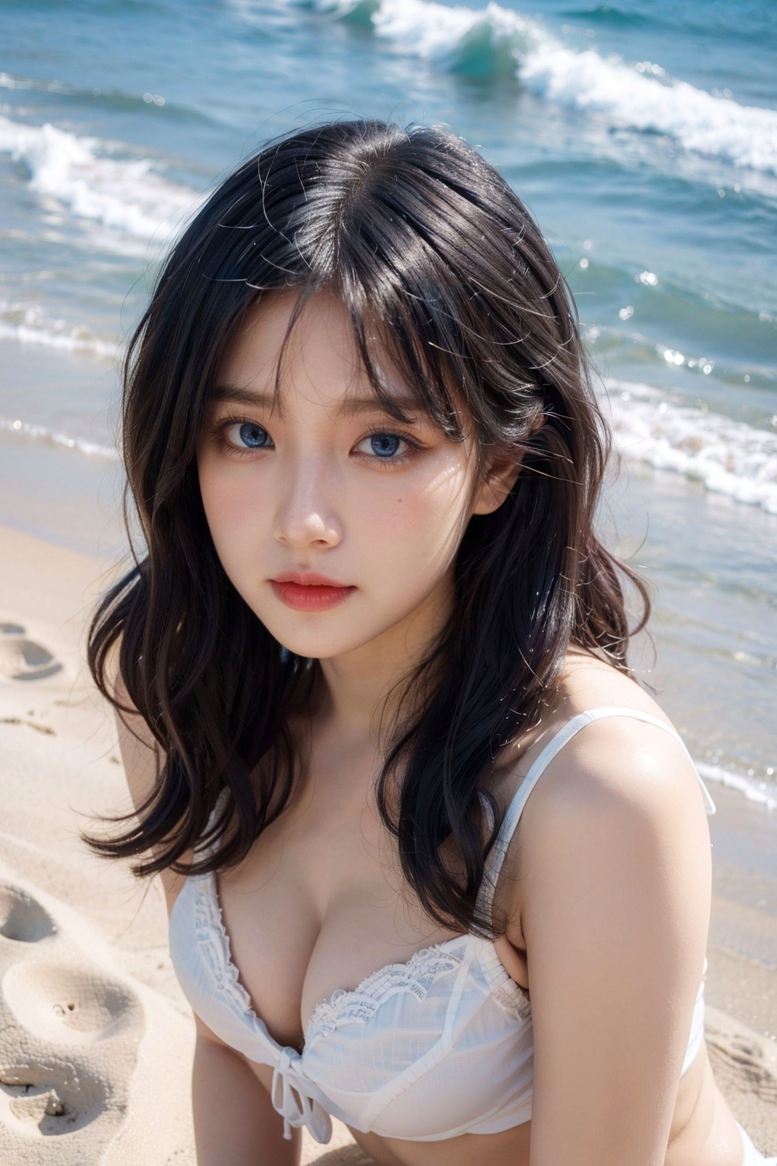 AI美女-拟实-海边沙滩比基尼-黑发极品女神纯欲性感户外大片