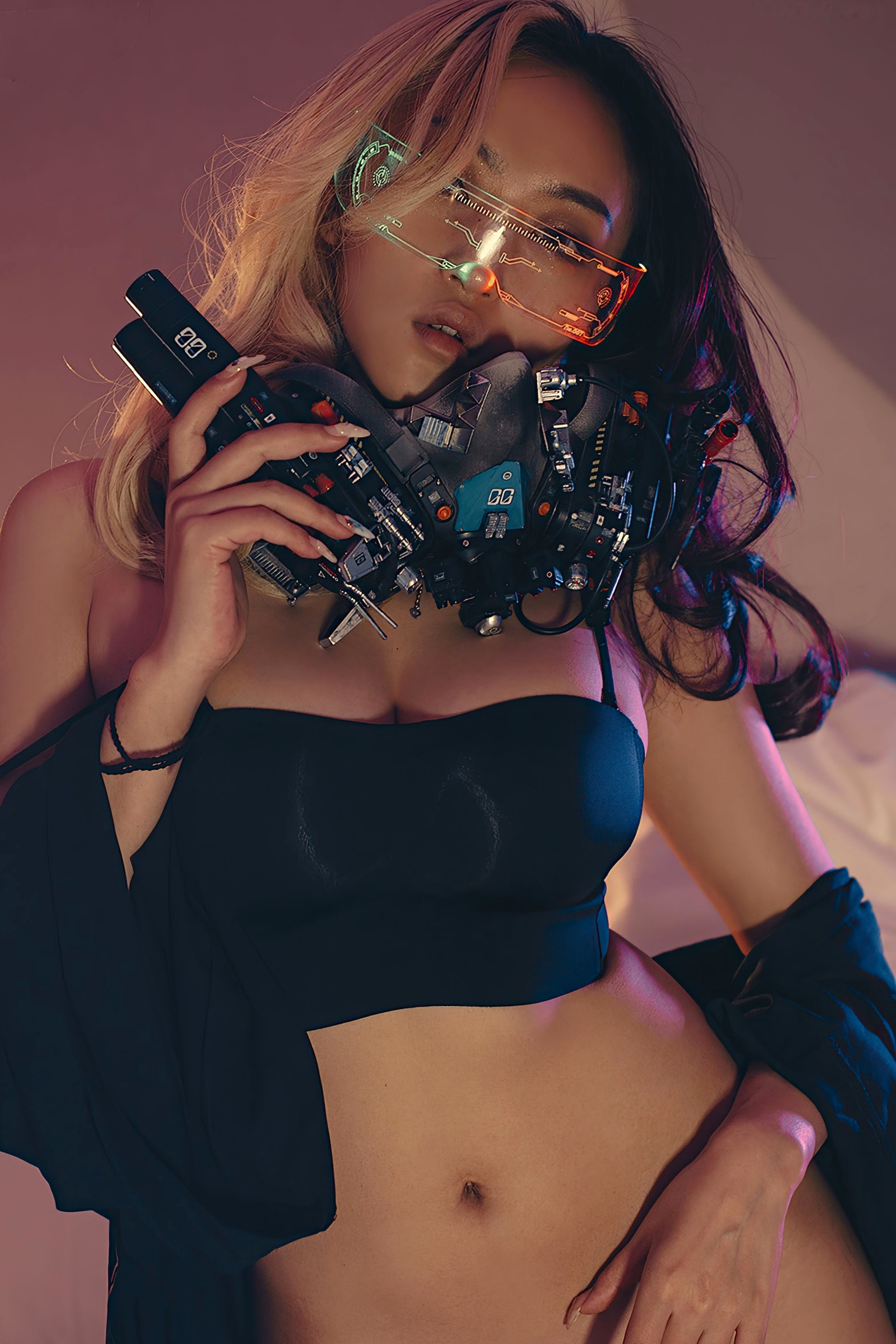 Gallery - YouMi尤蜜-丰臣羽立《辑风女特警》赛博朋克机能风写真，科技感LED面具搭配黑色吊带，冷艳性感私房视觉大片尤蜜荟 - Chiness Model 性感私房照冷艳诱惑 女神私房照_秀色女神 - image 2
