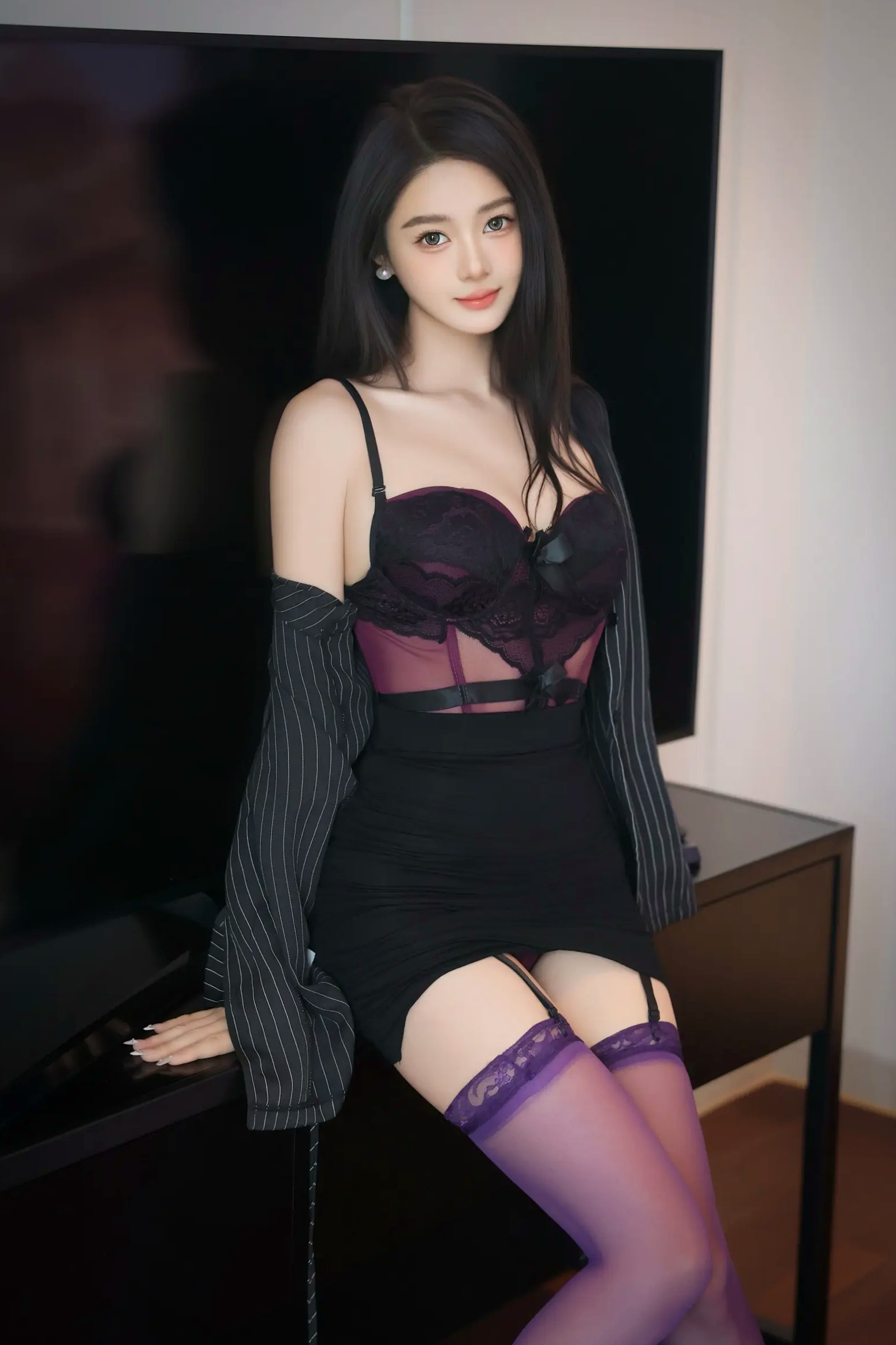 Gallery - 《Candy糖糖 - 紫色丝袜私房写真，性感蕾丝内衣配条纹西装，大尺度室内诱惑 [85P]》性感诱惑丝袜内衣私房照 女神私房照_秀色女神 - image 1