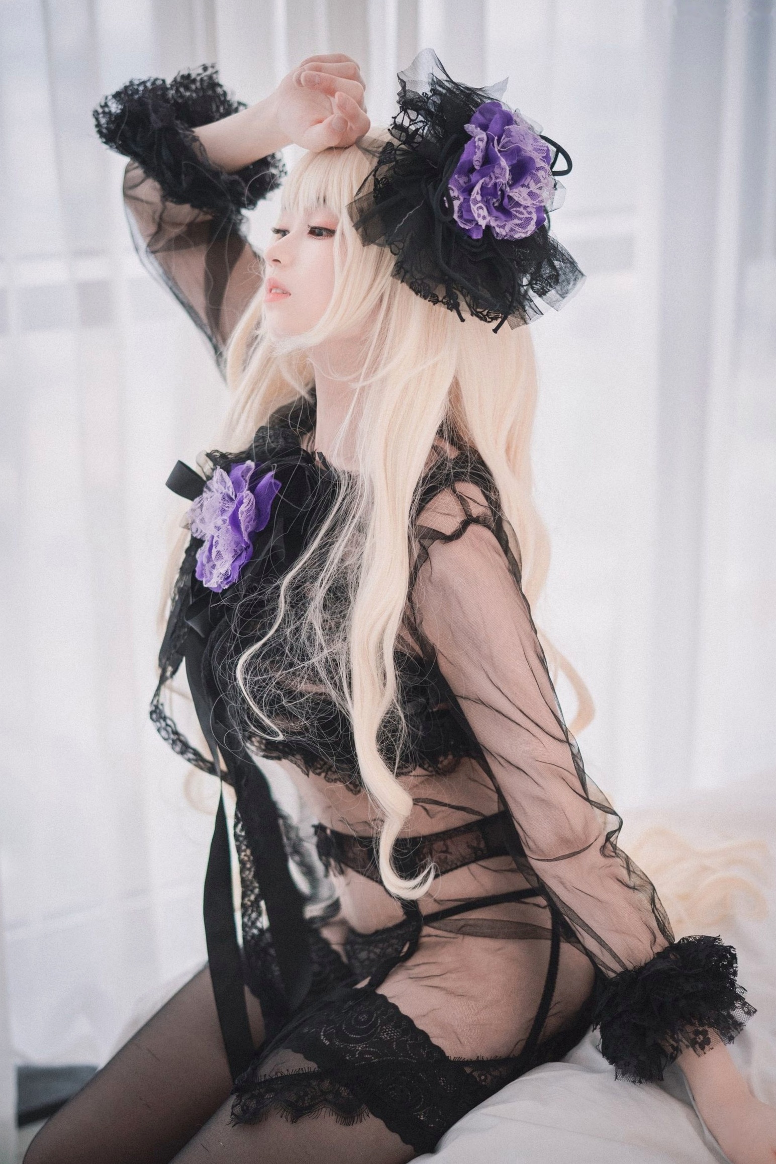 Gallery - 韩国美女Bambi斑比《命运之子》丽塔Cosplay：暗黑哥特风黑丝蕾丝内衣，精致白发造型诱惑写真韩国性感内衣黑丝角色扮演 女神私房照_秀色女神 - image 24