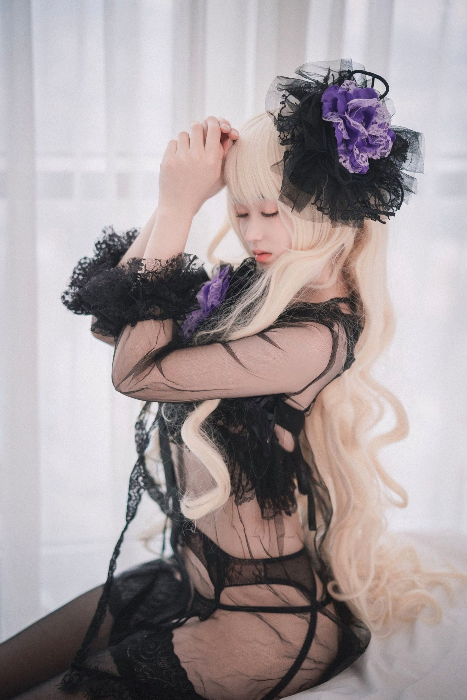 Gallery - 韩国美女Bambi斑比《命运之子》丽塔Cosplay：暗黑哥特风黑丝蕾丝内衣，精致白发造型诱惑写真韩国性感内衣黑丝角色扮演 女神私房照_秀色女神 - image 26