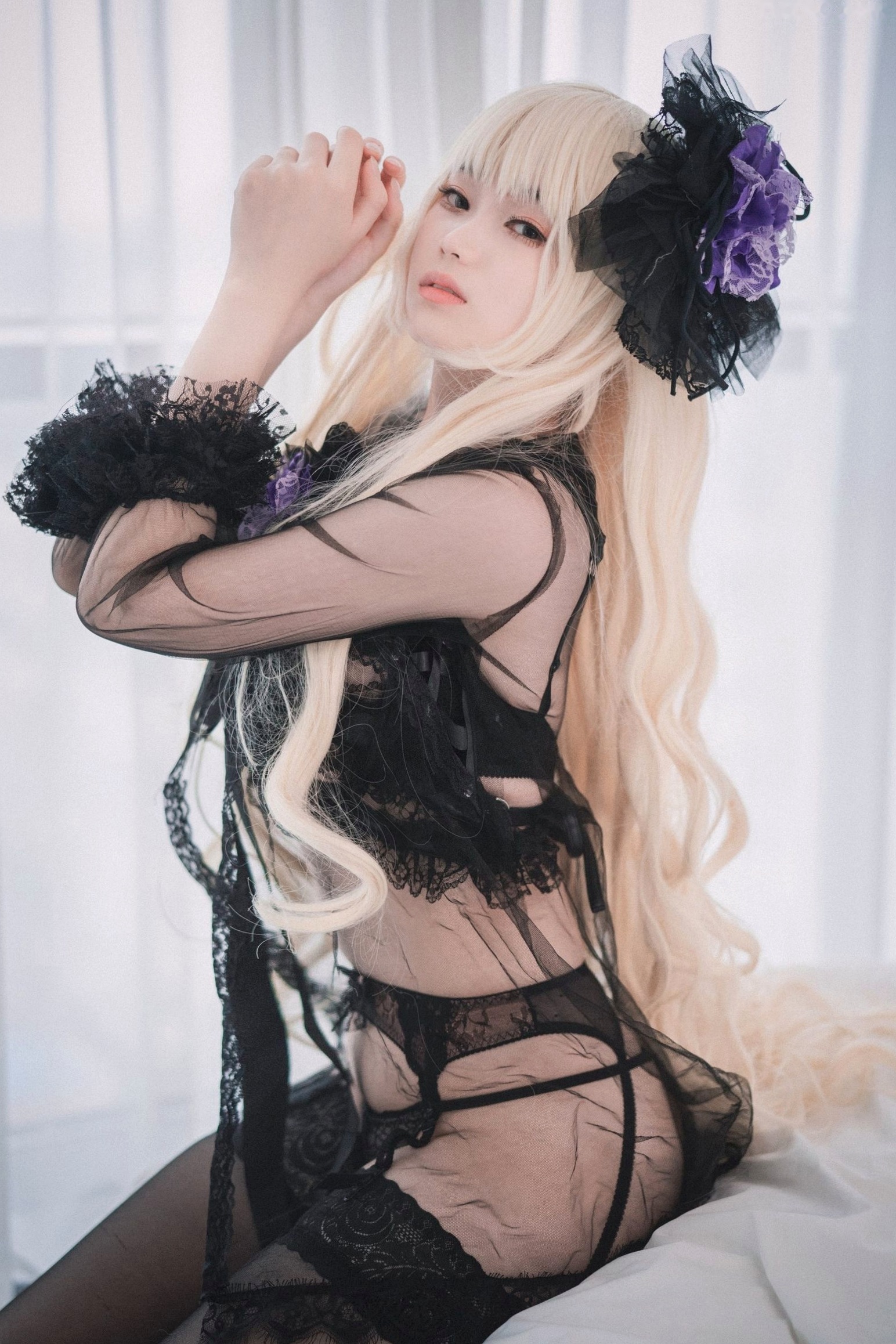 Gallery - 韩国美女Bambi斑比《命运之子》丽塔Cosplay：暗黑哥特风黑丝蕾丝内衣，精致白发造型诱惑写真韩国性感内衣黑丝角色扮演 女神私房照_秀色女神 - image 27