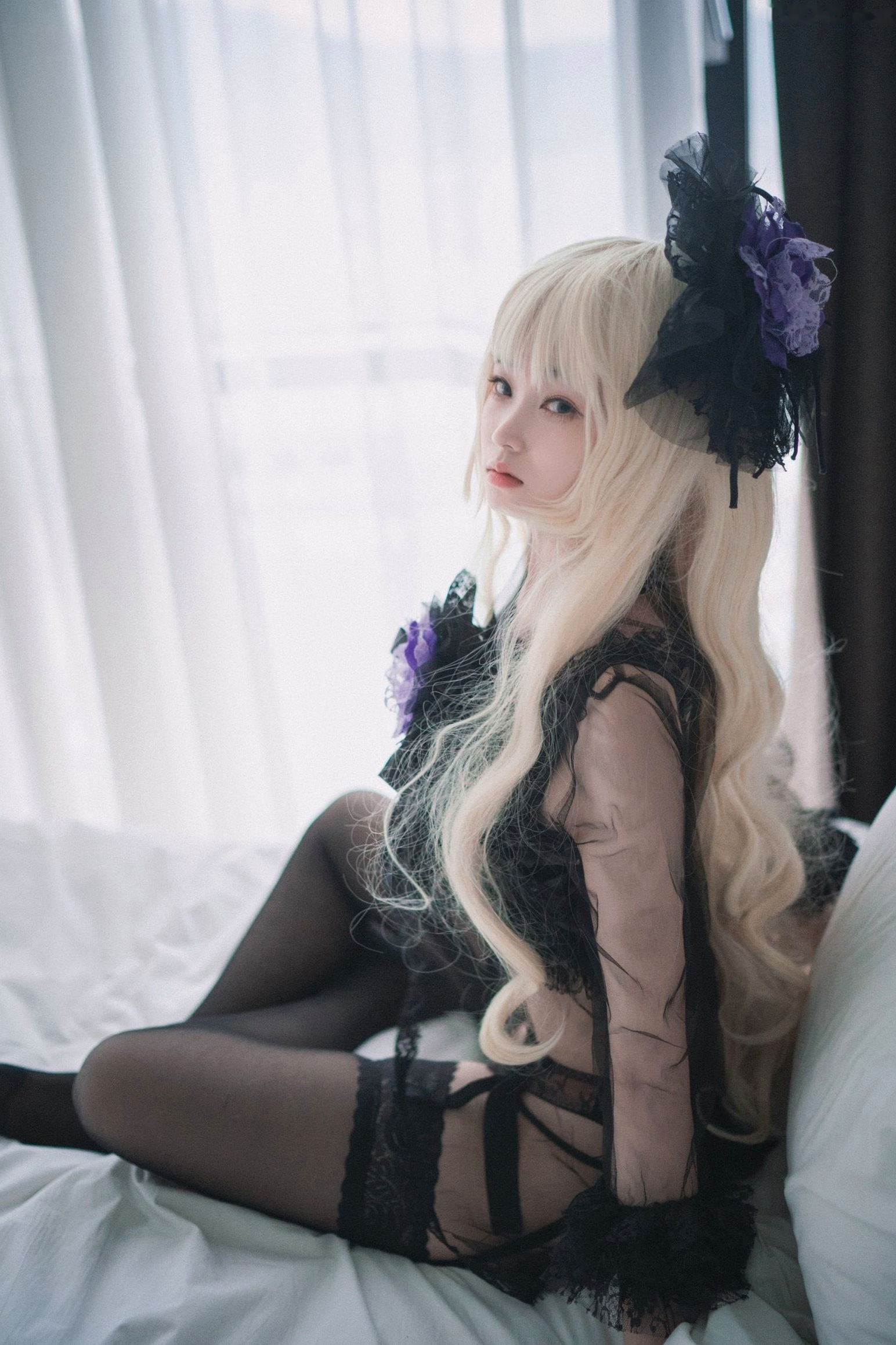 Gallery - 韩国美女Bambi斑比《命运之子》丽塔Cosplay：暗黑哥特风黑丝蕾丝内衣，精致白发造型诱惑写真韩国性感内衣黑丝角色扮演 女神私房照_秀色女神 - image 41