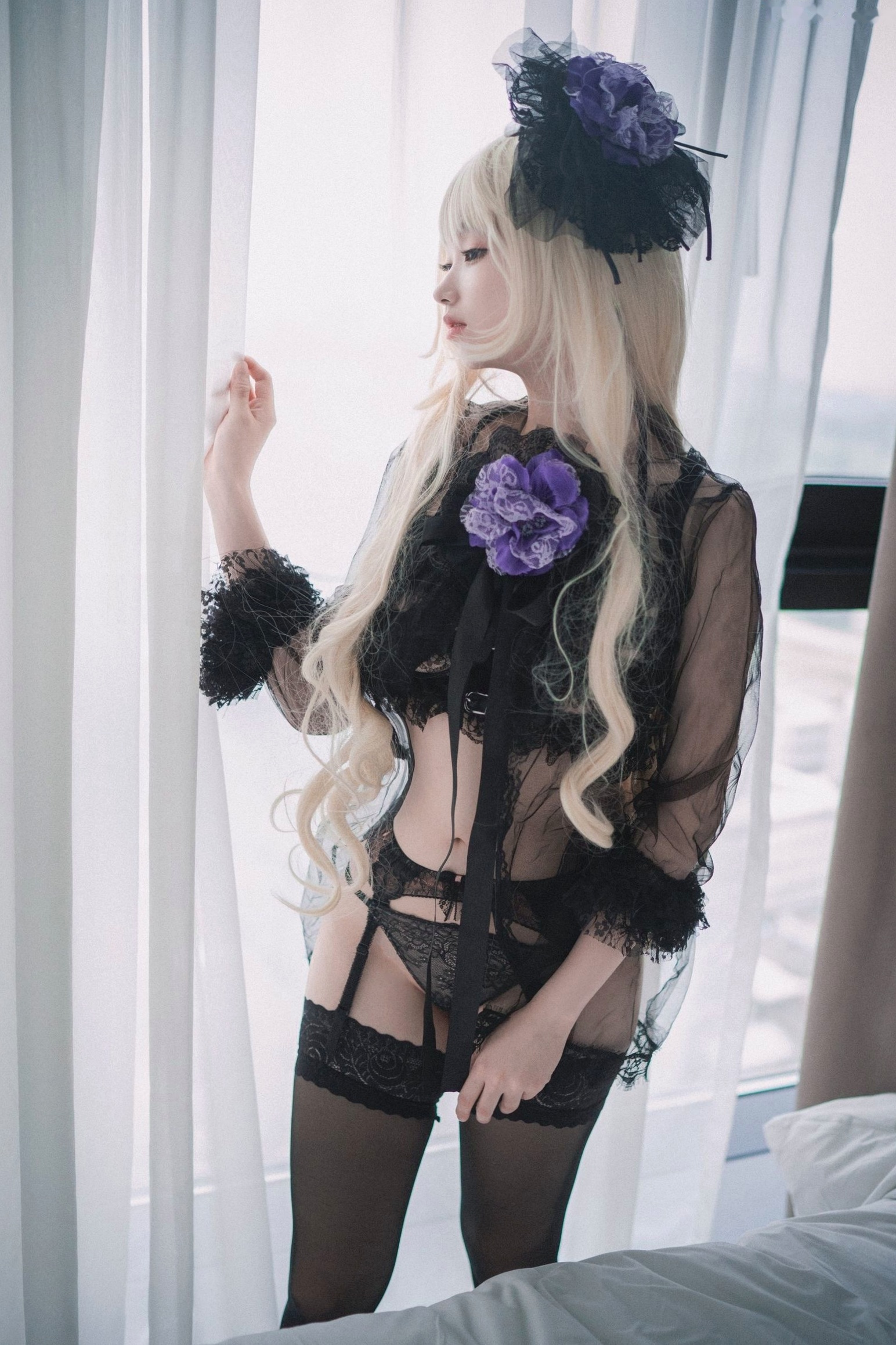 Gallery - 韩国美女Bambi斑比《命运之子》丽塔Cosplay：暗黑哥特风黑丝蕾丝内衣，精致白发造型诱惑写真韩国性感内衣黑丝角色扮演 女神私房照_秀色女神 - image 44
