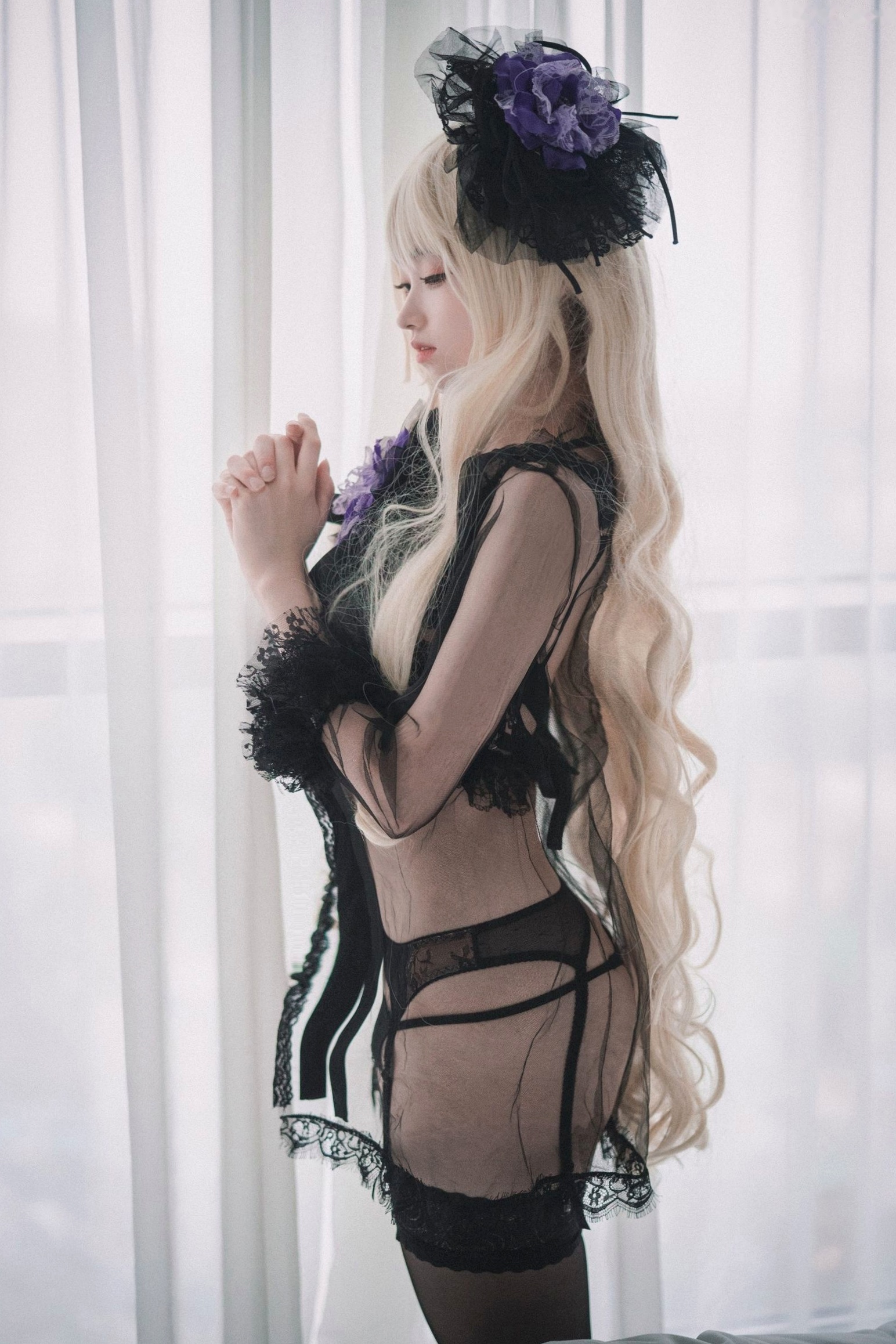 Gallery - 韩国美女Bambi斑比《命运之子》丽塔Cosplay：暗黑哥特风黑丝蕾丝内衣，精致白发造型诱惑写真韩国性感内衣黑丝角色扮演 女神私房照_秀色女神 - image 47
