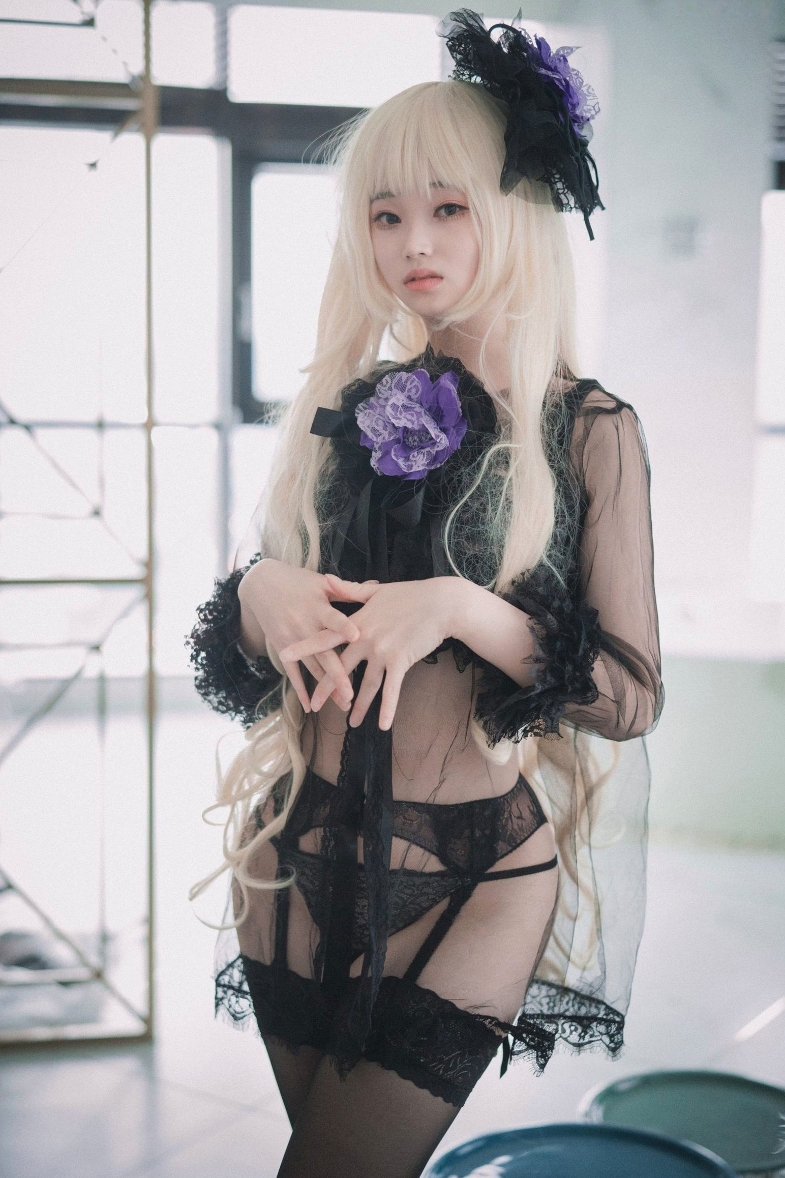 Gallery - 韩国美女Bambi斑比《命运之子》丽塔Cosplay：暗黑哥特风黑丝蕾丝内衣，精致白发造型诱惑写真韩国性感内衣黑丝角色扮演 女神私房照_秀色女神 - image 69