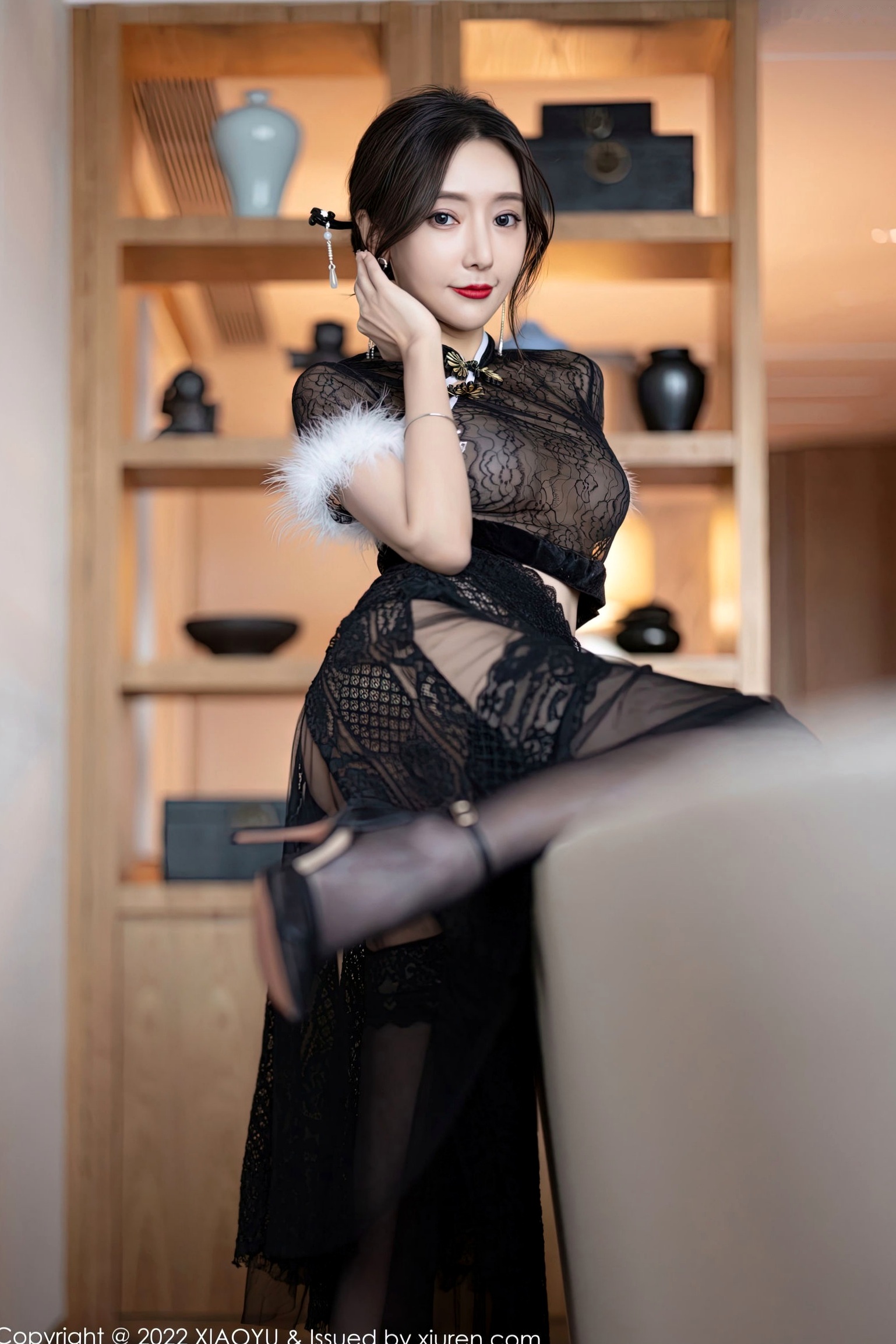 Gallery - XiaoYu语画界 - Painting World 926期：王馨瑶Yanni黑色薄纱情趣旗袍私房，极品蕾丝袜诱惑尽显冷艳气质语画界 - Painting World 极品性感旗袍丝袜诱惑 王馨瑶女神私房照_秀色女神 - image 13