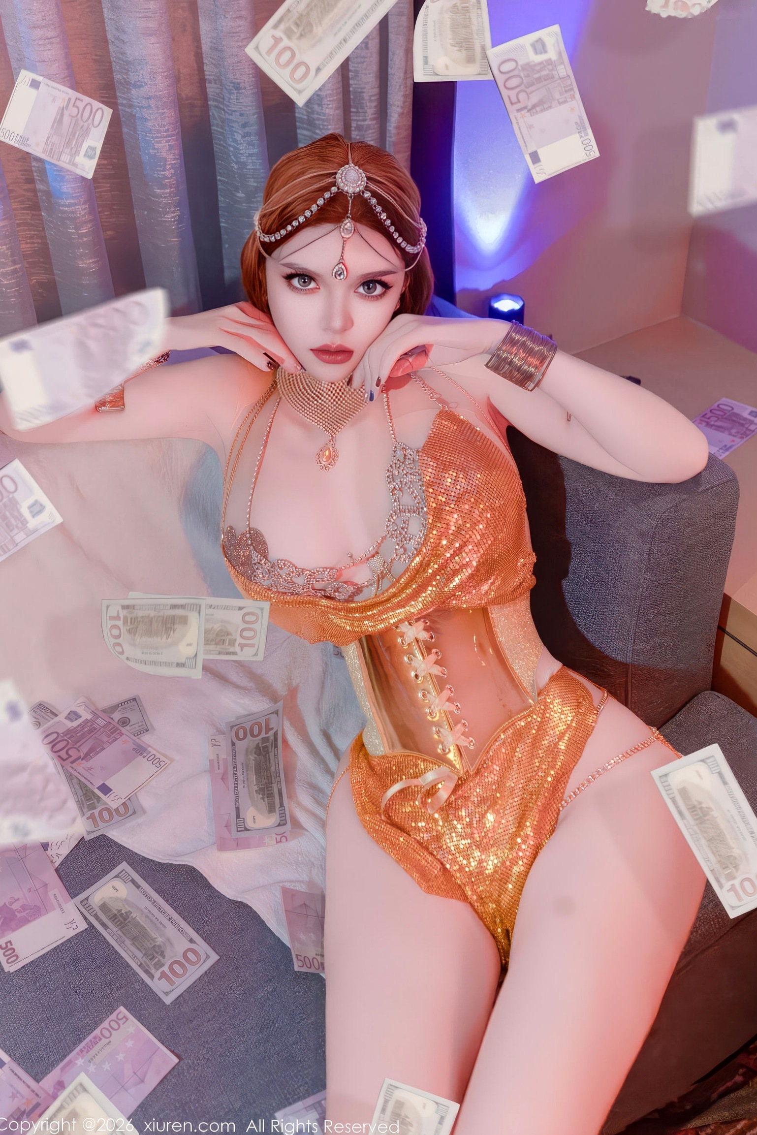 XiuRen秀人网 11224 伊丽莎有点白 珍珠情趣内衣与金色吊带 奢华私房性感诱惑写真
