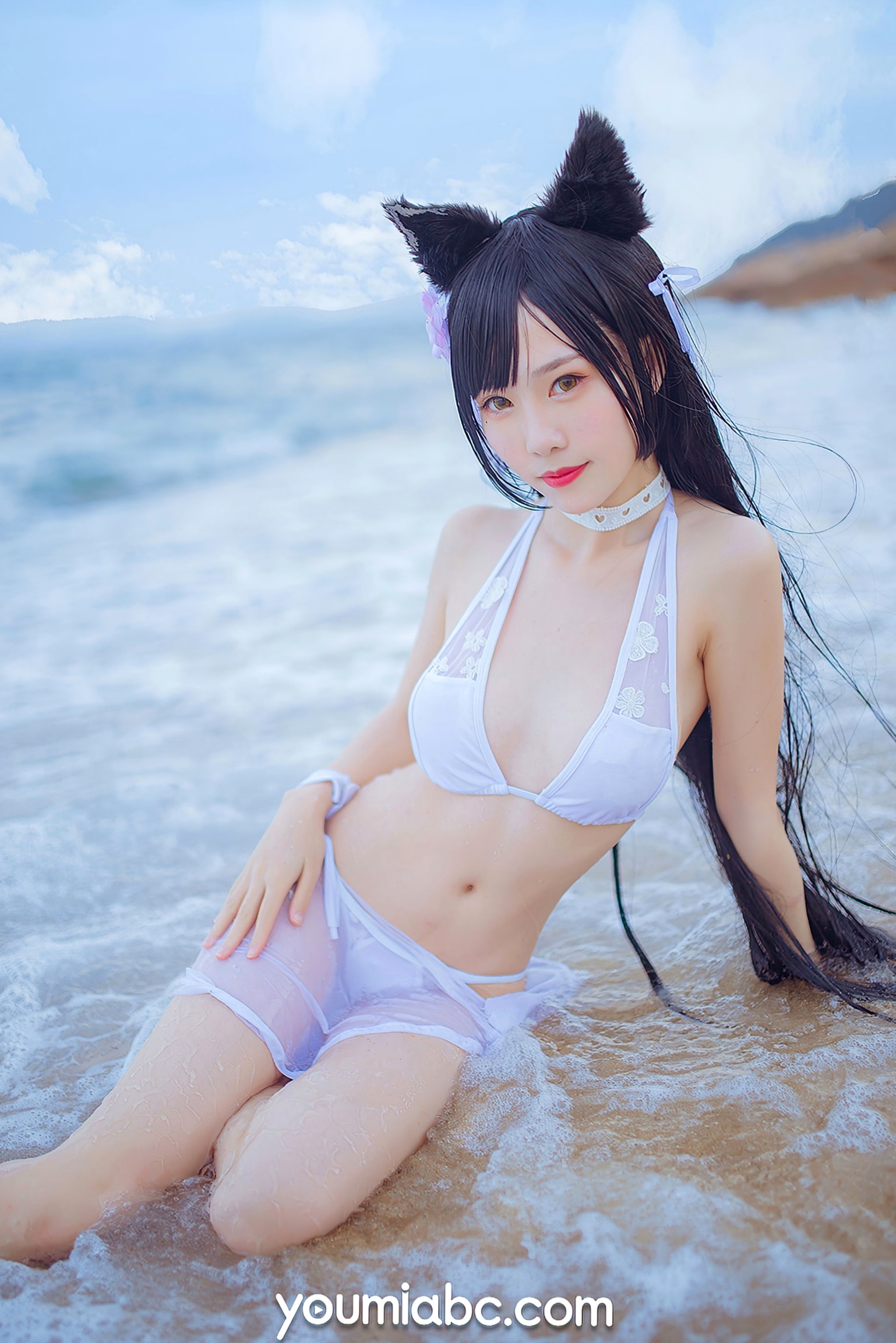 Gallery - YouMi尤蜜：抖娘利世《碧蓝航线》COS泳装大尺度美图，猫耳萌妹海边礁石写真，纯白连体泳衣展现极致诱惑，清新甜美风情万种尤蜜荟 - Chiness Model 角色扮演萌系户外性感诱惑 抖娘利世女神私房照_秀色女神 - image 3