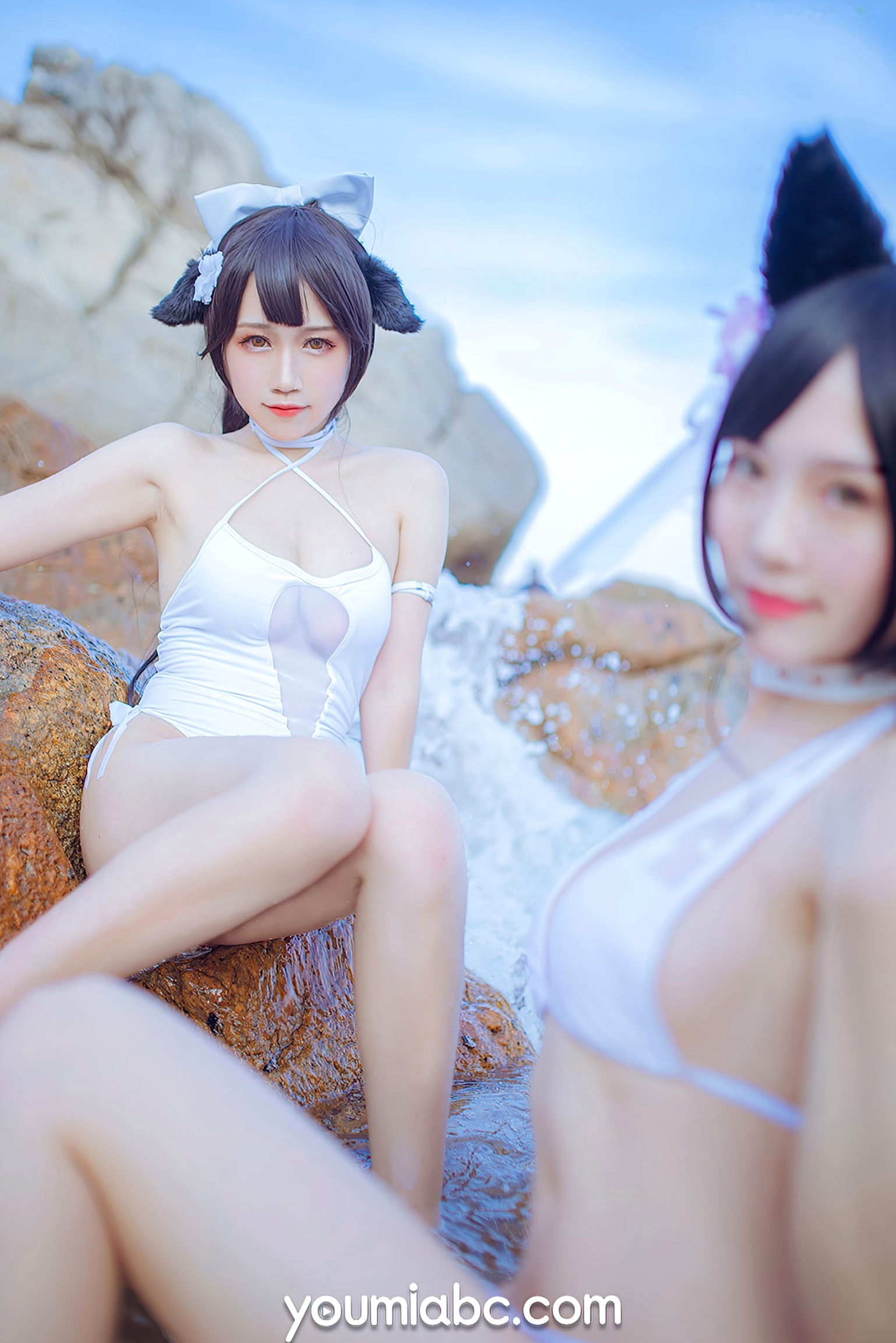 Gallery - YouMi尤蜜：抖娘利世《碧蓝航线》COS泳装大尺度美图，猫耳萌妹海边礁石写真，纯白连体泳衣展现极致诱惑，清新甜美风情万种尤蜜荟 - Chiness Model 角色扮演萌系户外性感诱惑 抖娘利世女神私房照_秀色女神 - image 5