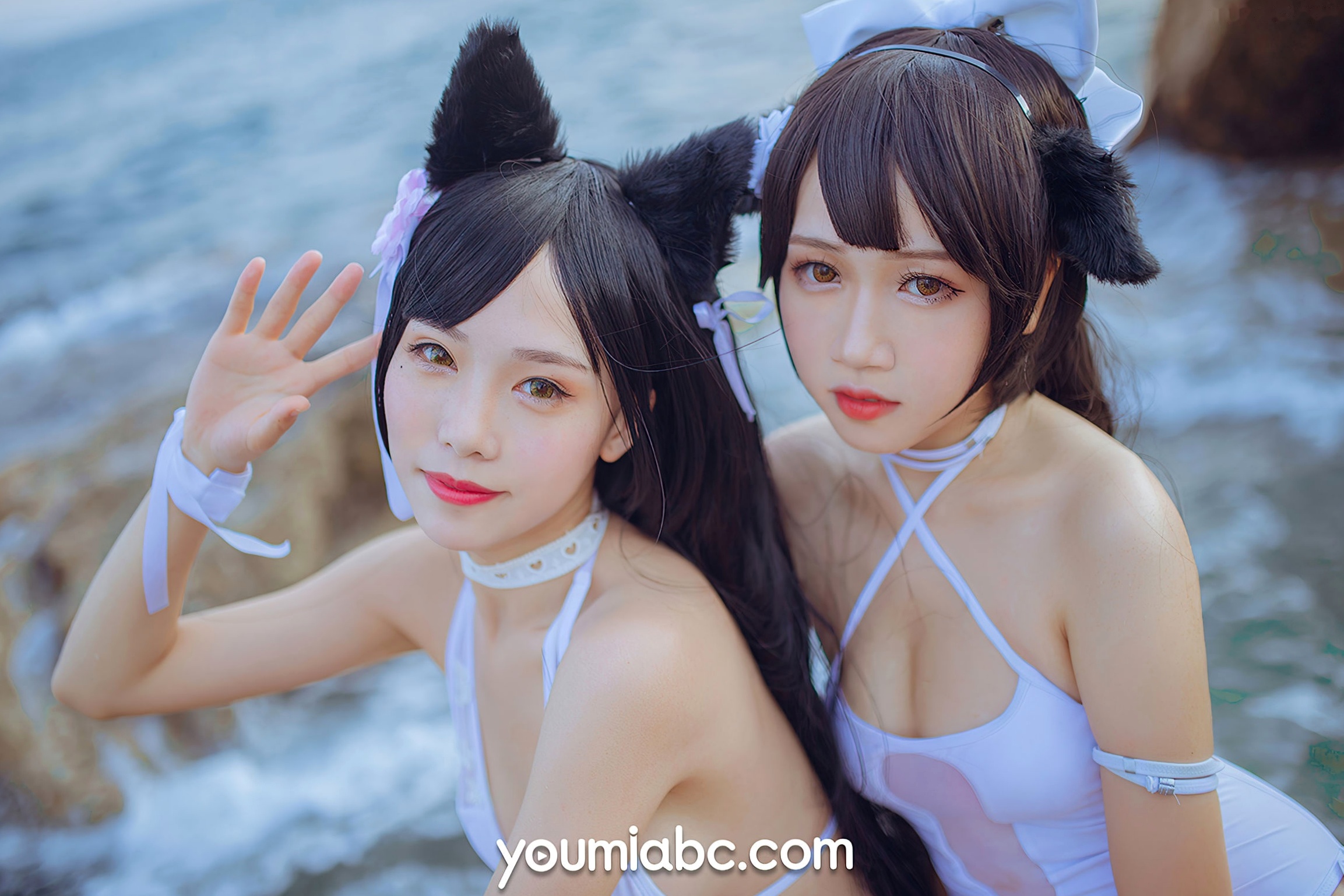 Gallery - YouMi尤蜜：抖娘利世《碧蓝航线》COS泳装大尺度美图，猫耳萌妹海边礁石写真，纯白连体泳衣展现极致诱惑，清新甜美风情万种尤蜜荟 - Chiness Model 角色扮演萌系户外性感诱惑 抖娘利世女神私房照_秀色女神 - image 9