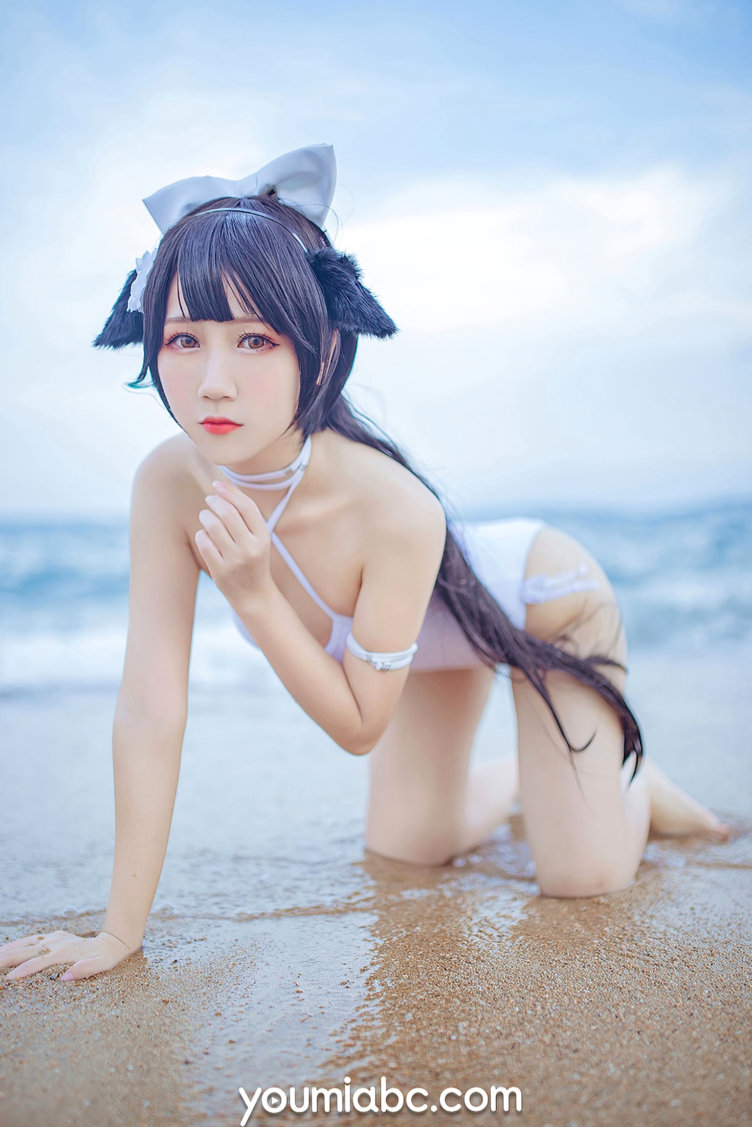 Gallery - YouMi尤蜜：抖娘利世《碧蓝航线》COS泳装大尺度美图，猫耳萌妹海边礁石写真，纯白连体泳衣展现极致诱惑，清新甜美风情万种尤蜜荟 - Chiness Model 角色扮演萌系户外性感诱惑 抖娘利世女神私房照_秀色女神 - image 27