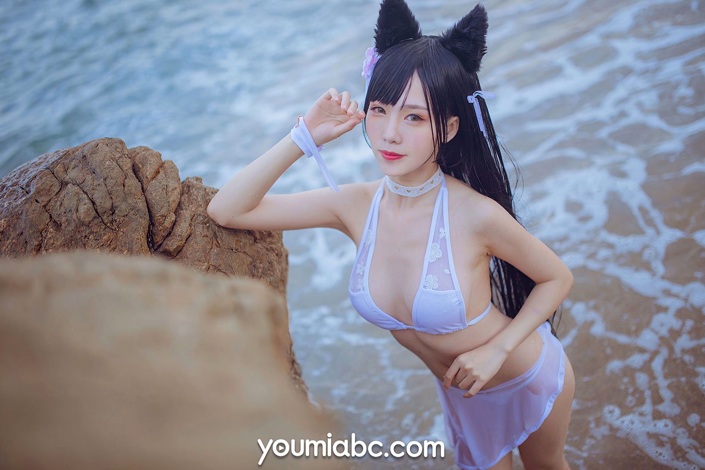 Gallery - YouMi尤蜜：抖娘利世《碧蓝航线》COS泳装大尺度美图，猫耳萌妹海边礁石写真，纯白连体泳衣展现极致诱惑，清新甜美风情万种尤蜜荟 - Chiness Model 角色扮演萌系户外性感诱惑 抖娘利世女神私房照_秀色女神 - image 31