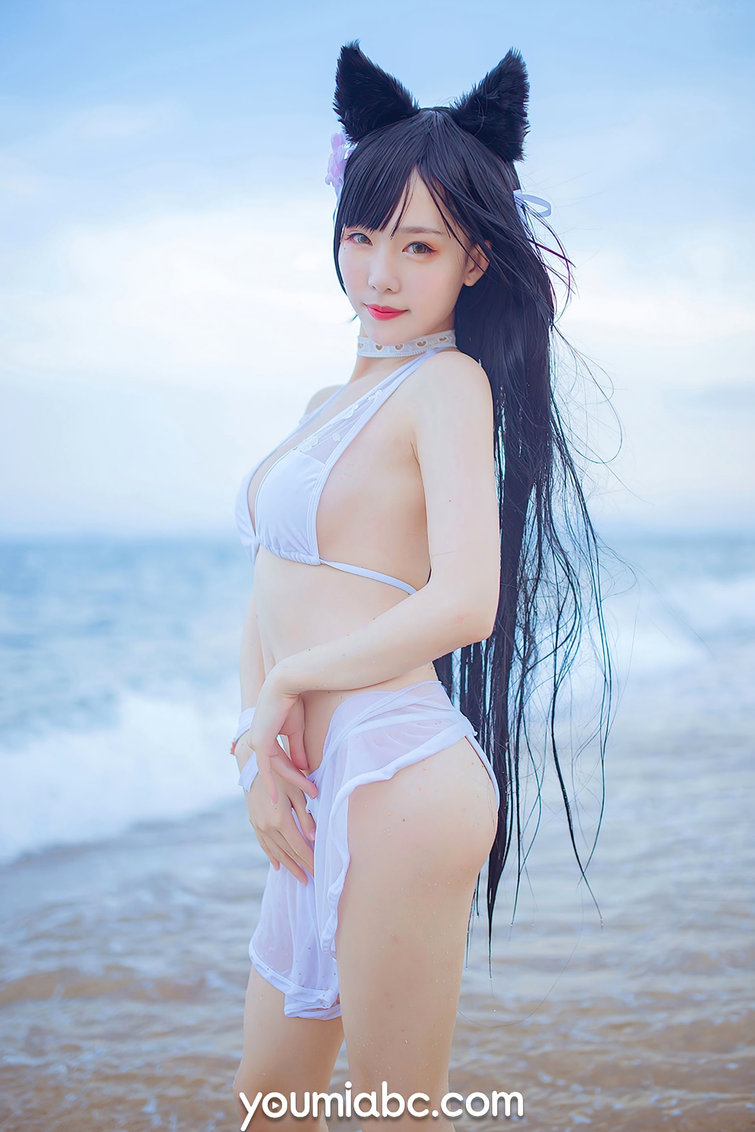 Gallery - YouMi尤蜜：抖娘利世《碧蓝航线》COS泳装大尺度美图，猫耳萌妹海边礁石写真，纯白连体泳衣展现极致诱惑，清新甜美风情万种尤蜜荟 - Chiness Model 角色扮演萌系户外性感诱惑 抖娘利世女神私房照_秀色女神 - image 32