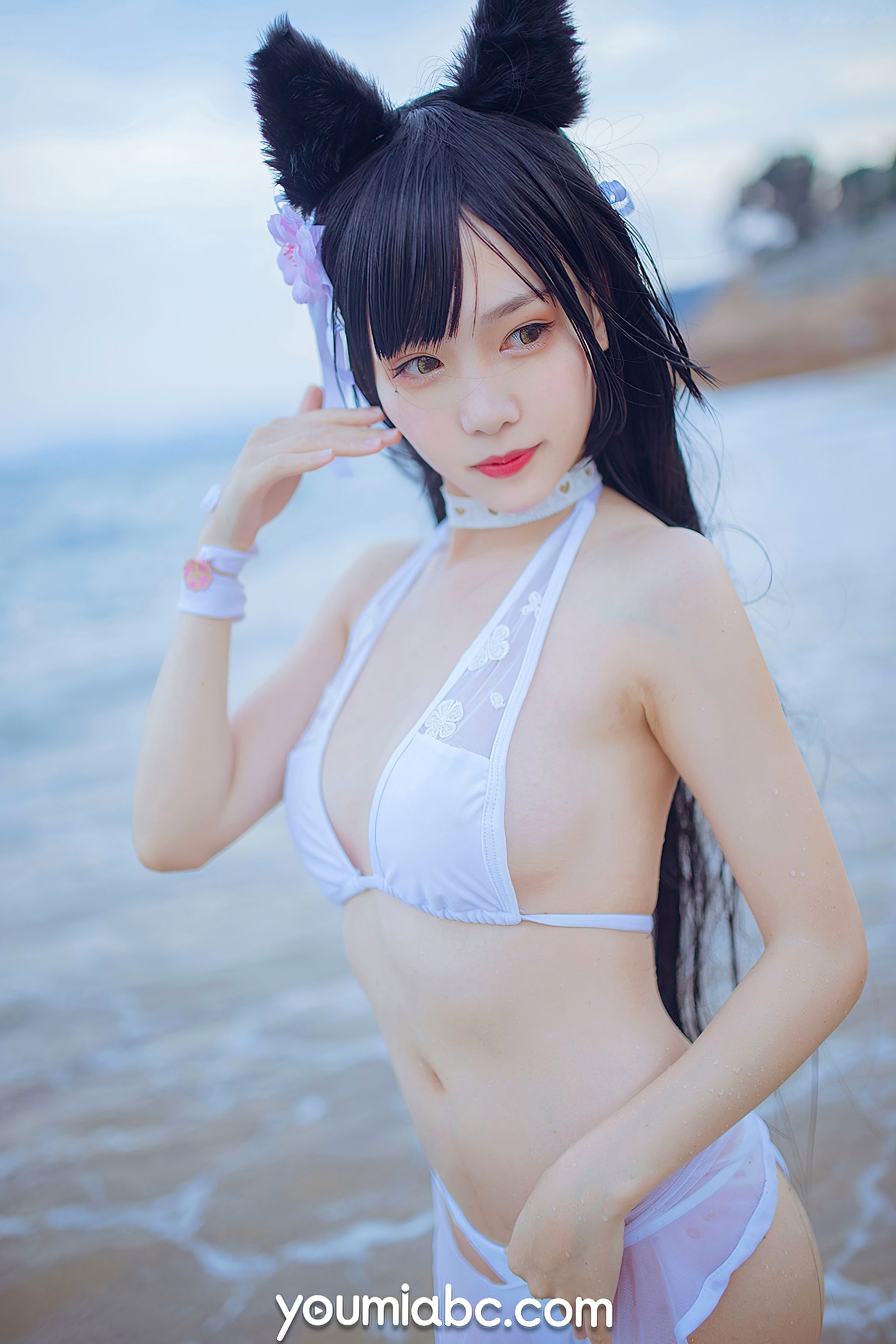 Gallery - YouMi尤蜜：抖娘利世《碧蓝航线》COS泳装大尺度美图，猫耳萌妹海边礁石写真，纯白连体泳衣展现极致诱惑，清新甜美风情万种尤蜜荟 - Chiness Model 角色扮演萌系户外性感诱惑 抖娘利世女神私房照_秀色女神 - image 33