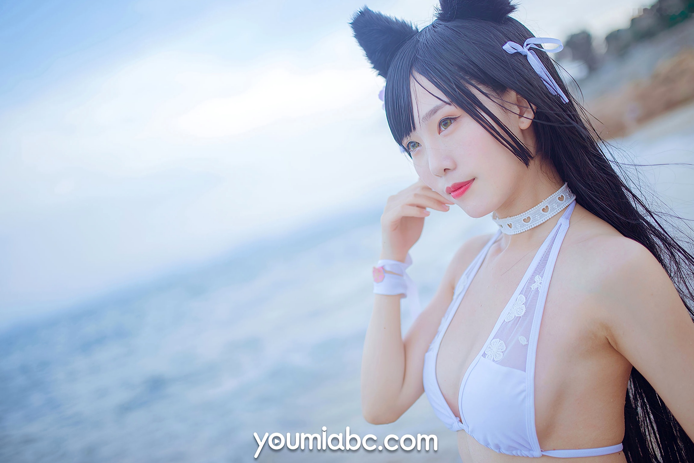 Gallery - YouMi尤蜜：抖娘利世《碧蓝航线》COS泳装大尺度美图，猫耳萌妹海边礁石写真，纯白连体泳衣展现极致诱惑，清新甜美风情万种尤蜜荟 - Chiness Model 角色扮演萌系户外性感诱惑 抖娘利世女神私房照_秀色女神 - image 34