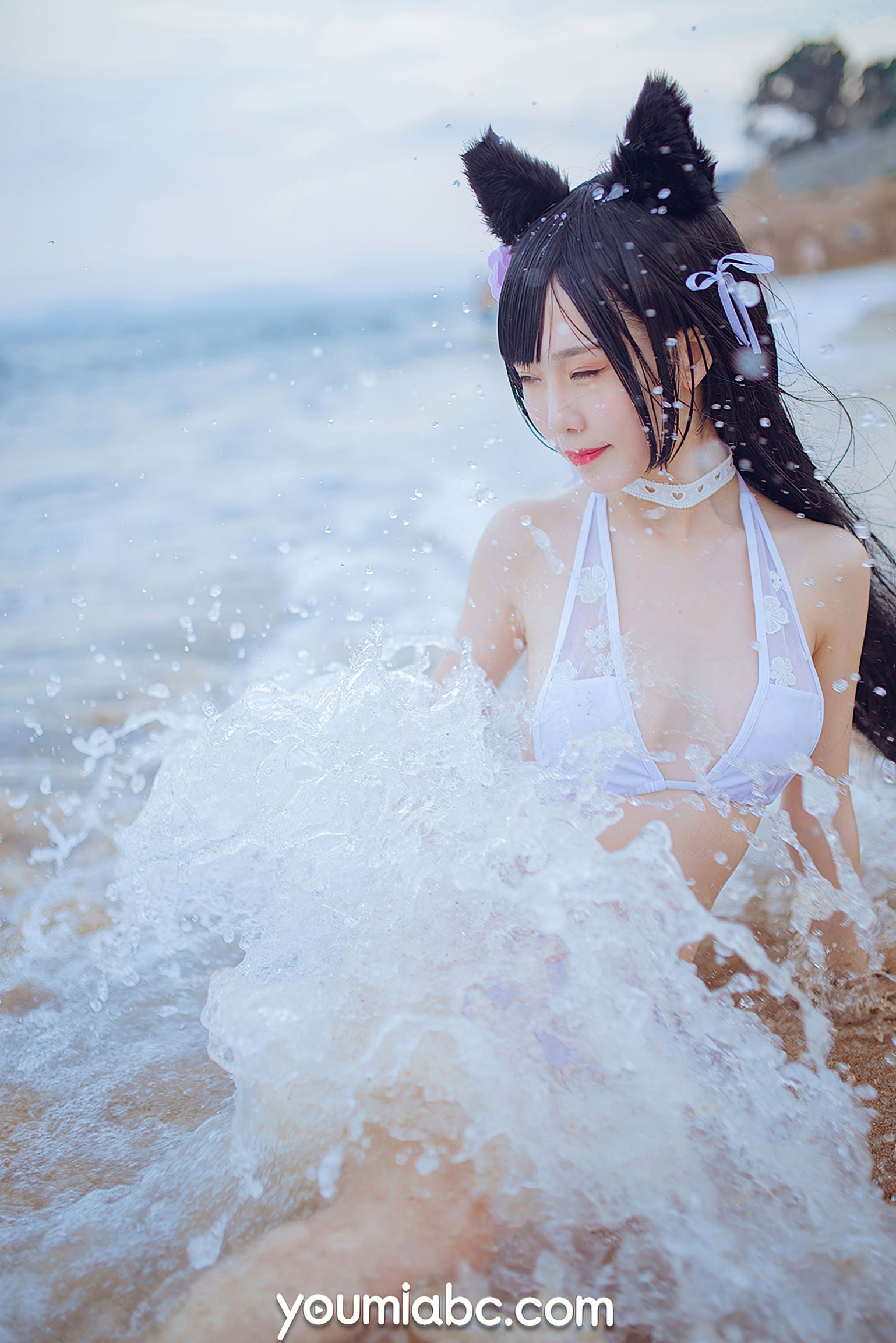 Gallery - YouMi尤蜜：抖娘利世《碧蓝航线》COS泳装大尺度美图，猫耳萌妹海边礁石写真，纯白连体泳衣展现极致诱惑，清新甜美风情万种尤蜜荟 - Chiness Model 角色扮演萌系户外性感诱惑 抖娘利世女神私房照_秀色女神 - image 37