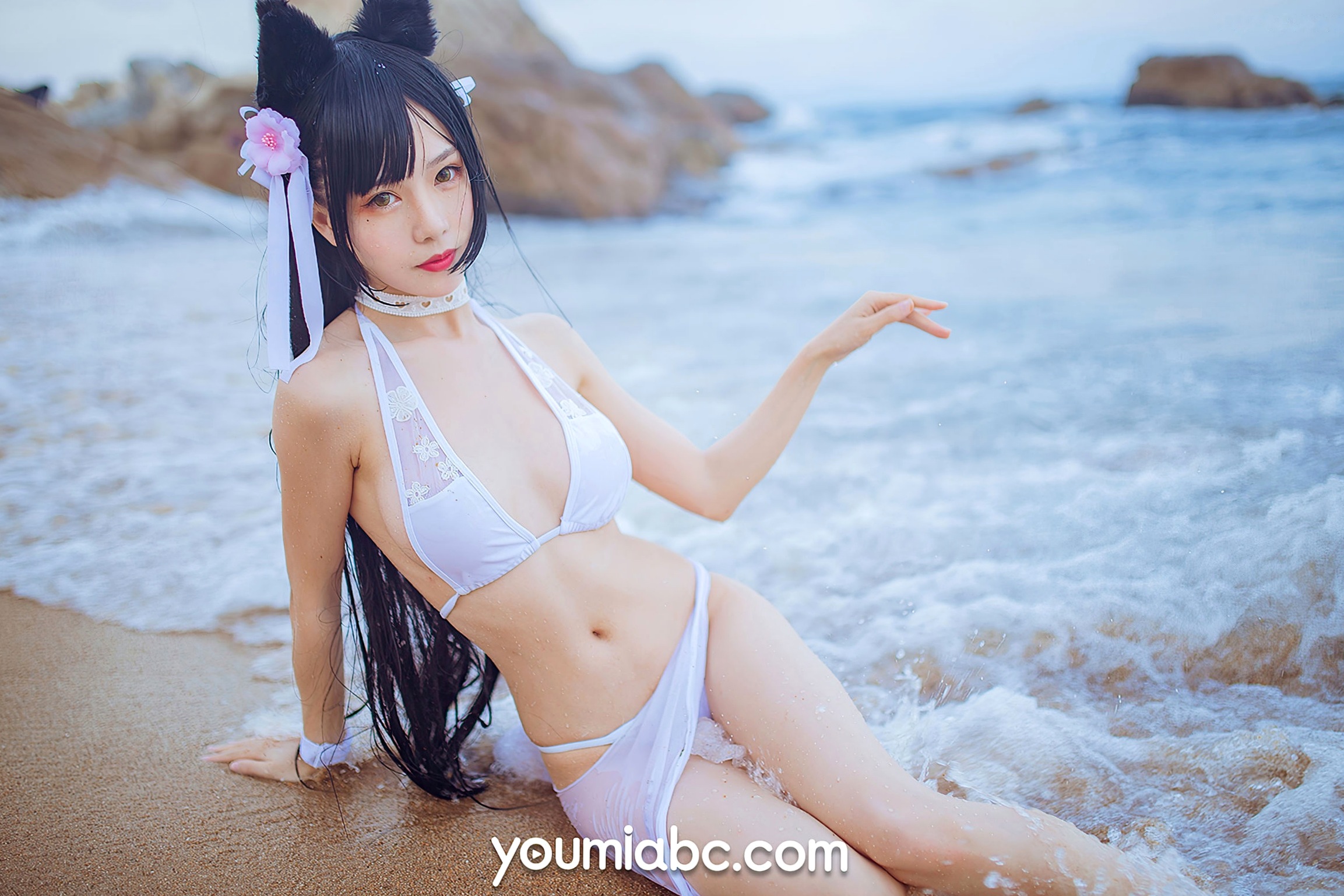 Gallery - YouMi尤蜜：抖娘利世《碧蓝航线》COS泳装大尺度美图，猫耳萌妹海边礁石写真，纯白连体泳衣展现极致诱惑，清新甜美风情万种尤蜜荟 - Chiness Model 角色扮演萌系户外性感诱惑 抖娘利世女神私房照_秀色女神 - image 38