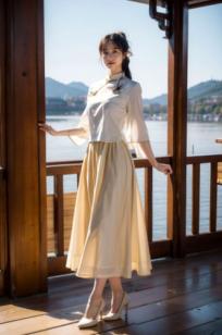 AI美女-拟实-民国风白衫长裙户外河边清纯复古温婉气质写真