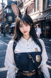 AI美女-拟实-兔耳女警街拍-纯净版 | 甜美萌系角色扮演户外写真