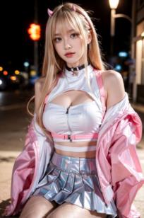 AI美女-拟实-粉衣银色短裙小恶魔-纯净版-夜色街拍 二次元甜酷角色扮演户外性感写真