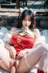 AI美女-拟实-红旗袍猫耳cos 古风庭院性感开衩旗袍美臀诱惑写真