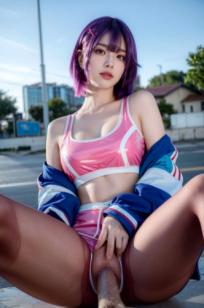AI美女-拟实-蓝色外套粉色运动背心短裤紫色短发美女 户外街拍性感黑丝诱惑写真