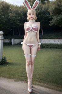 AI美女-拟实-粉色比基尼兔女郎 户外草坪甜美性感写真