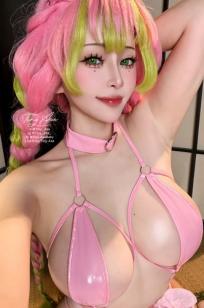 Tiny Asa角色扮演《鬼灭之刃》甘露寺蜜璃COS，粉发美少女大尺度油腻诱惑写真，极致身材视觉盛宴