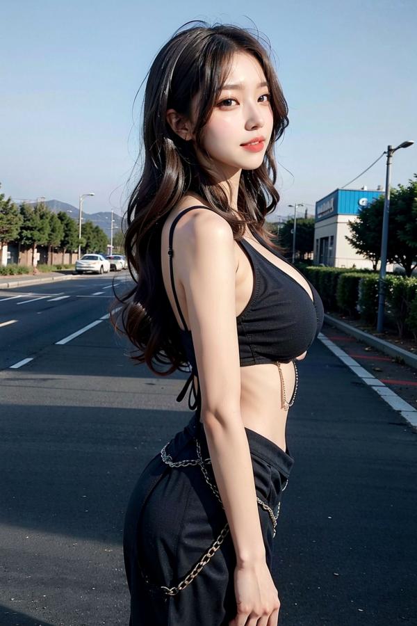   AI美女-拟实-黑色交叉裹胸黑色腰帘街拍 高清户外性感大尺度写真第7张图片