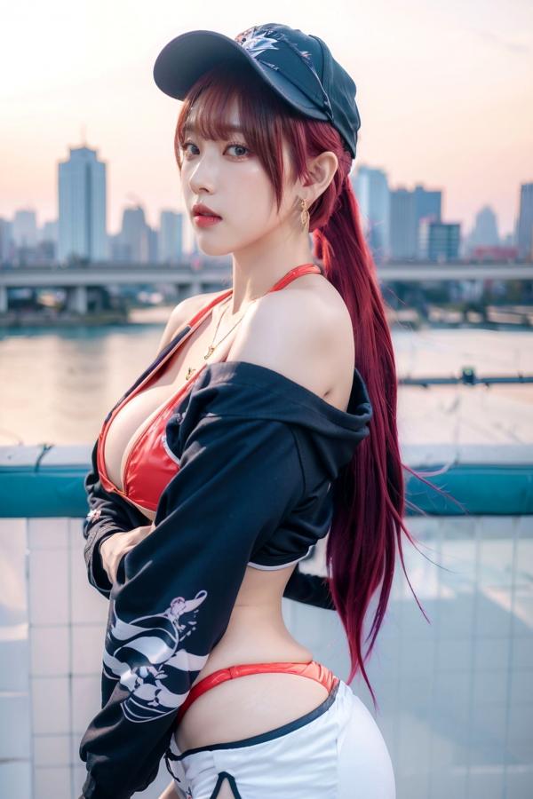  AI美女-拟实-红色比基尼棒球帽少女-户外运动性感大尺度写真-18禁第4张图片
