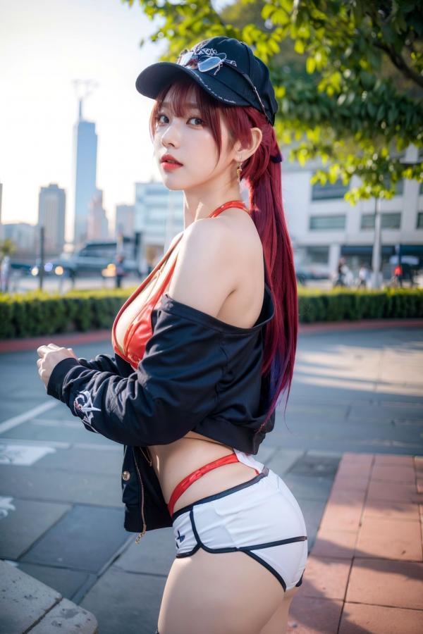   AI美女-拟实-红色比基尼棒球帽少女-户外运动性感大尺度写真-18禁第10张图片
