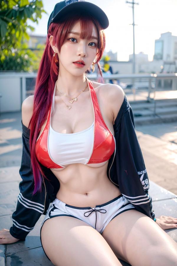   AI美女-拟实-红色比基尼棒球帽少女-户外运动性感大尺度写真-18禁第23张图片
