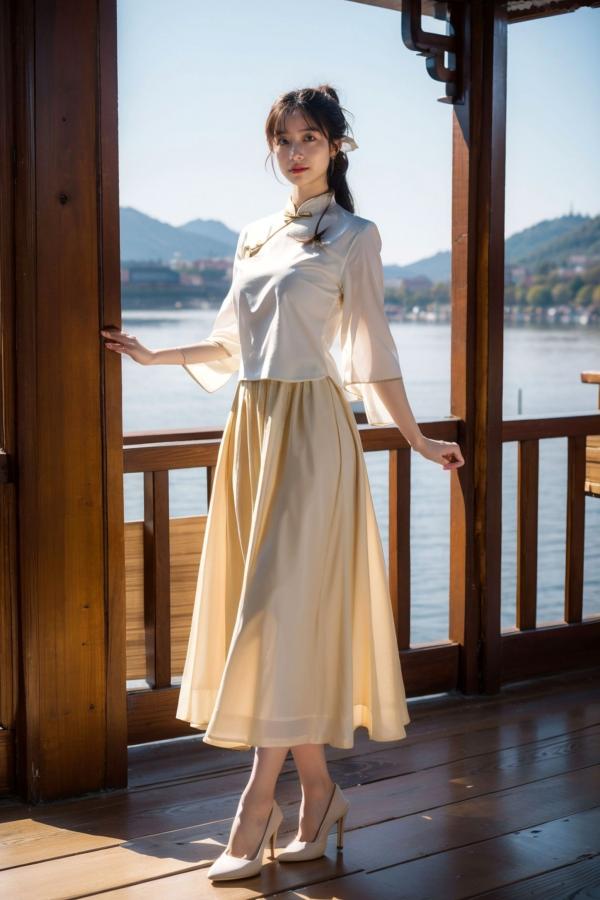    AI美女-拟实-民国风白衫长裙户外河边清纯复古温婉气质写真第1张图片