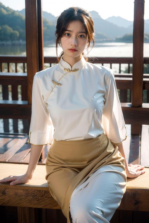    AI美女-拟实-民国风白衫长裙户外河边清纯复古温婉气质写真第2张图片