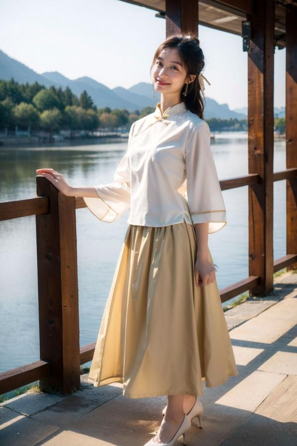    AI美女-拟实-民国风白衫长裙户外河边清纯复古温婉气质写真第3张图片