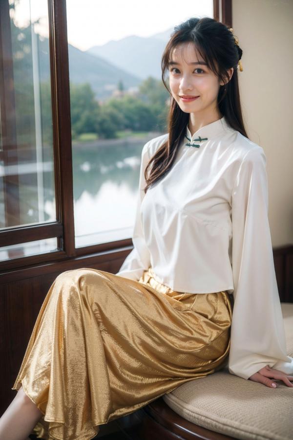    AI美女-拟实-民国风白衫长裙户外河边清纯复古温婉气质写真第4张图片