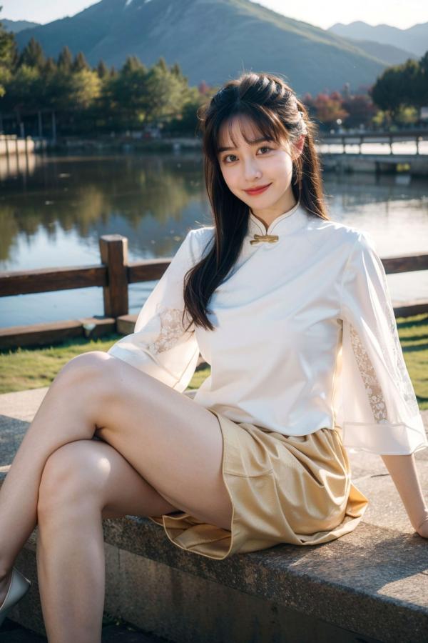    AI美女-拟实-民国风白衫长裙户外河边清纯复古温婉气质写真第5张图片