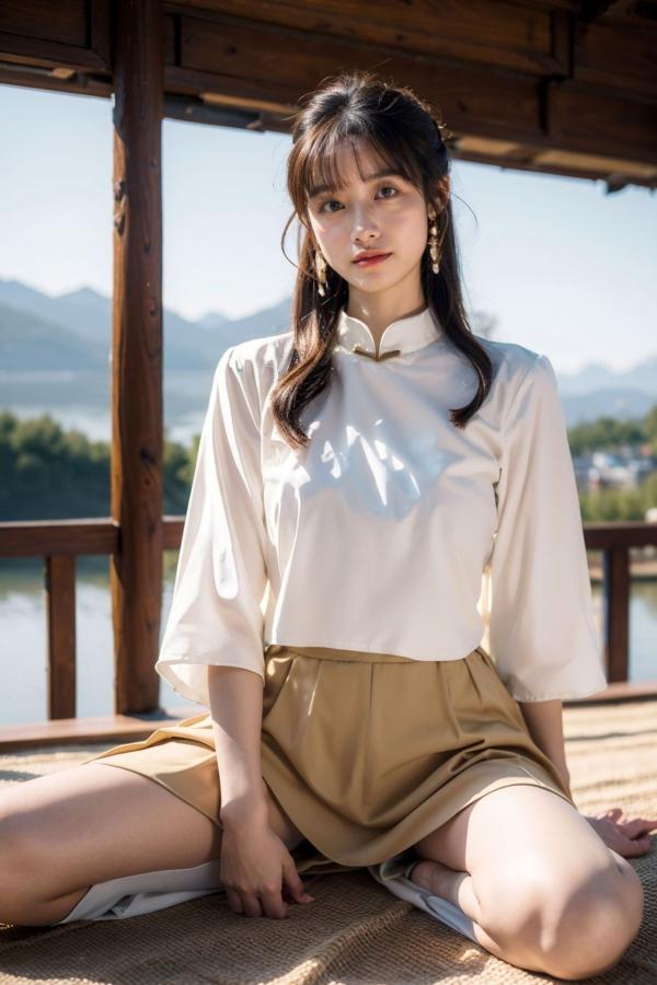    AI美女-拟实-民国风白衫长裙户外河边清纯复古温婉气质写真第7张图片