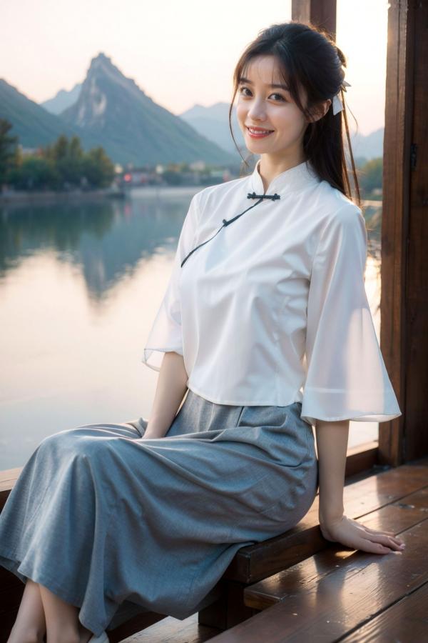    AI美女-拟实-民国风白衫长裙户外河边清纯复古温婉气质写真第8张图片