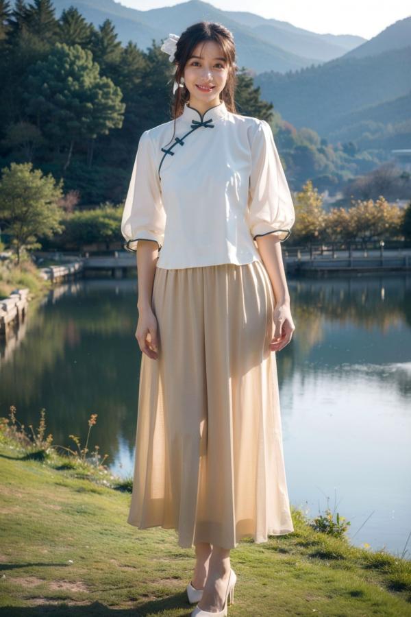    AI美女-拟实-民国风白衫长裙户外河边清纯复古温婉气质写真第9张图片