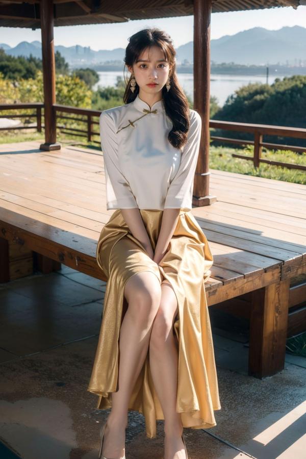    AI美女-拟实-民国风白衫长裙户外河边清纯复古温婉气质写真第10张图片